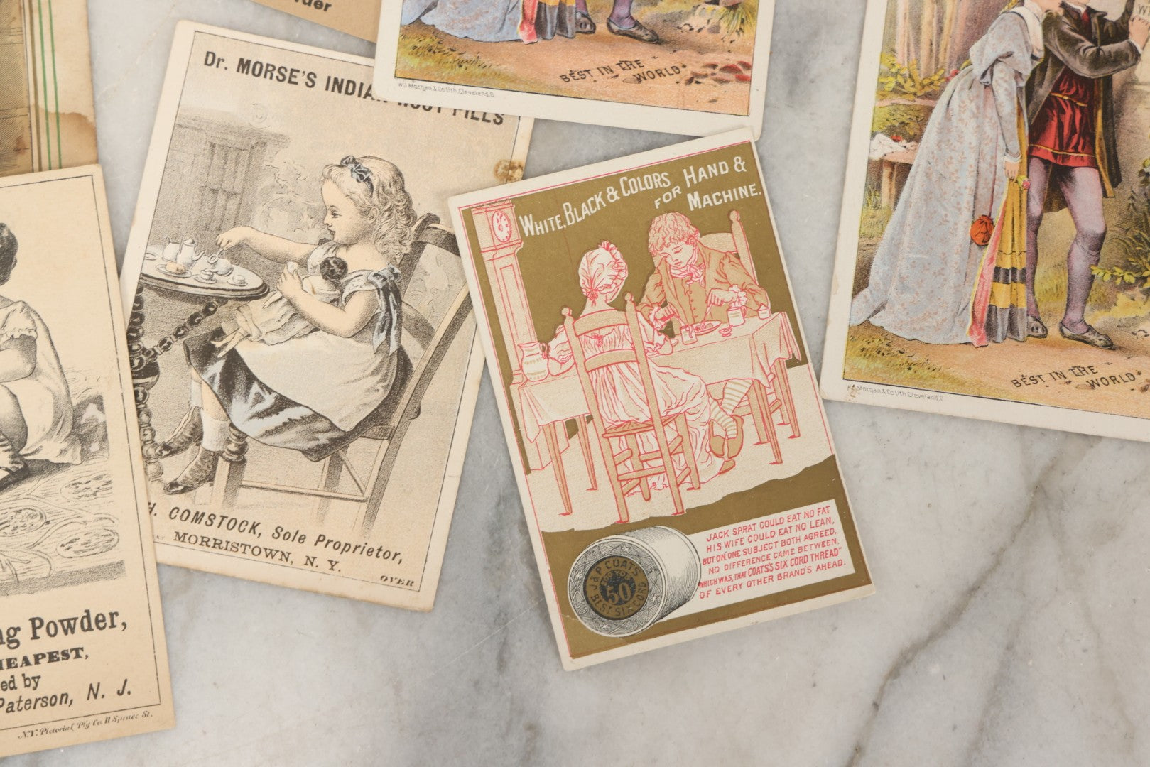 Lot 241 - Grouping Of 15 Antique Victorian Lithographed Trade Card Advertisements Including J. & P. Coates Thread, Milkmaid Brand Condensed Milk, Henkel's Baking Powder, Boston Brass Andirons, Fairbanks Soap, And Singer Manufacturing Co. Sewing Machines