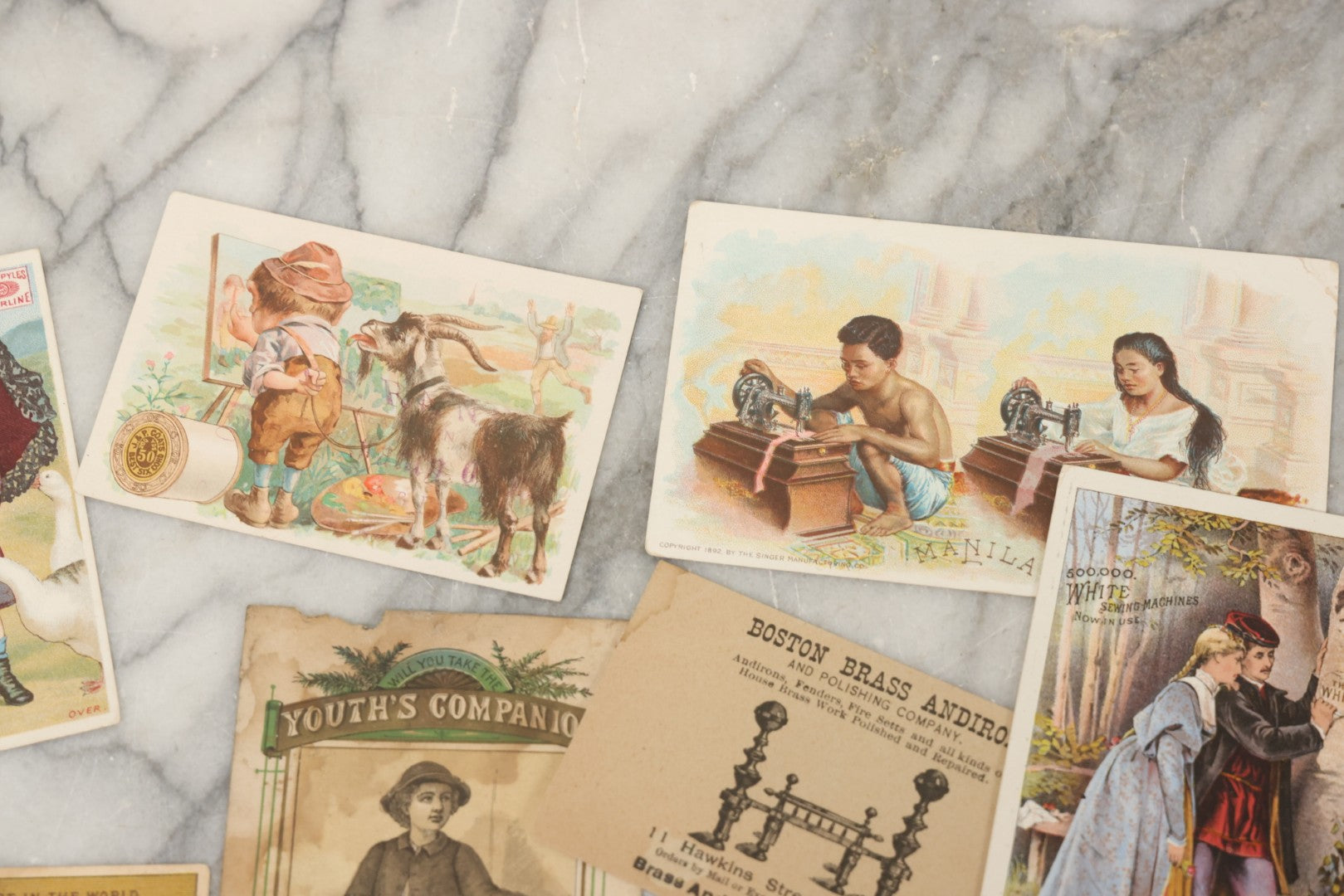 Lot 241 - Grouping Of 15 Antique Victorian Lithographed Trade Card Advertisements Including J. & P. Coates Thread, Milkmaid Brand Condensed Milk, Henkel's Baking Powder, Boston Brass Andirons, Fairbanks Soap, And Singer Manufacturing Co. Sewing Machines