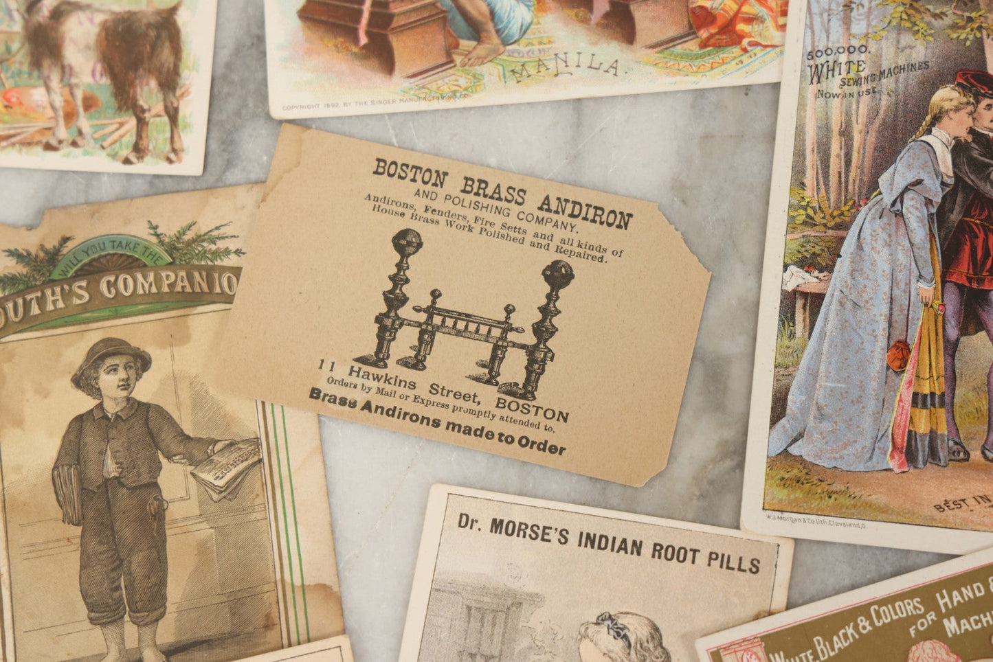 Lot 241 - Grouping Of 15 Antique Victorian Lithographed Trade Card Advertisements Including J. & P. Coates Thread, Milkmaid Brand Condensed Milk, Henkel's Baking Powder, Boston Brass Andirons, Fairbanks Soap, And Singer Manufacturing Co. Sewing Machines