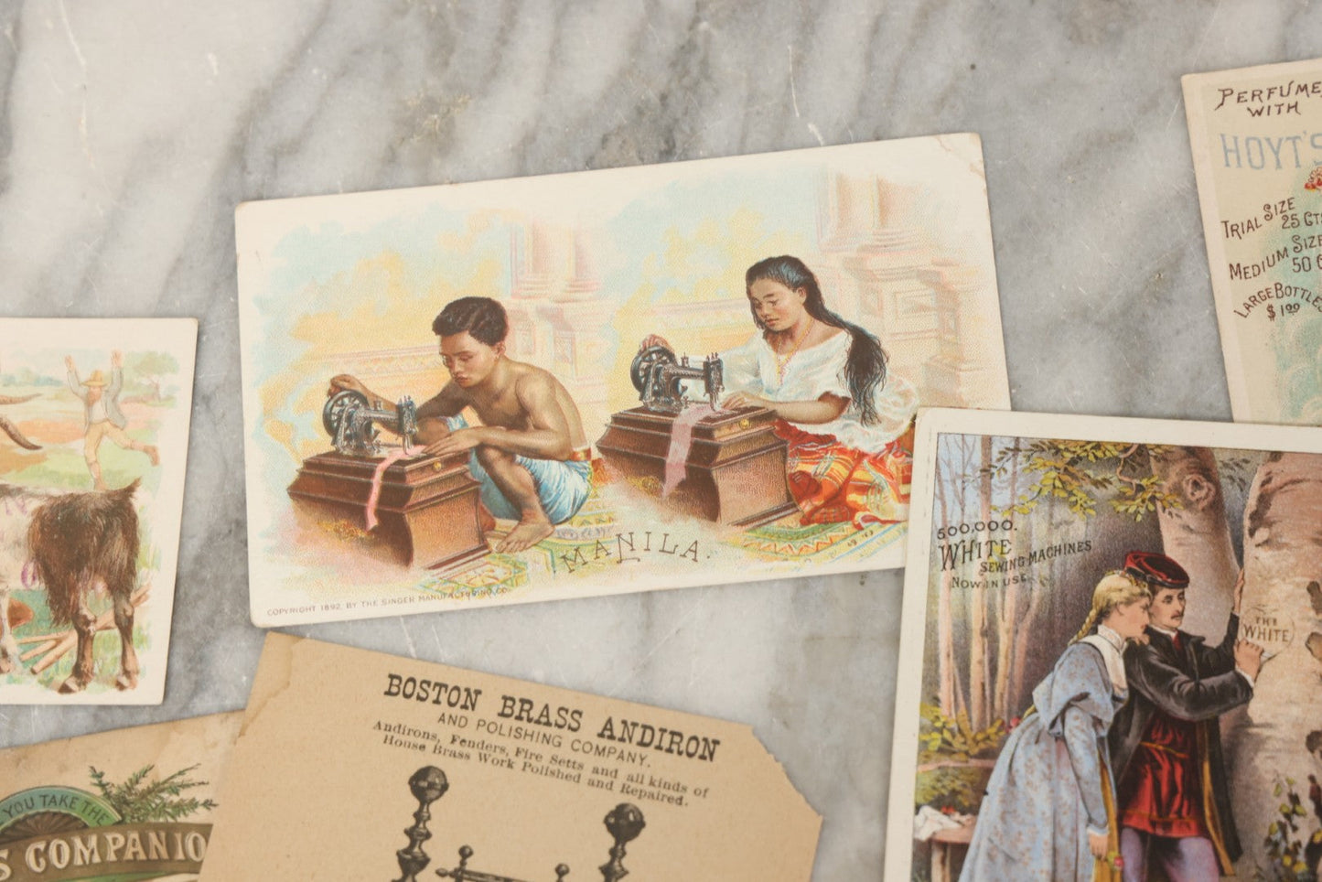 Lot 241 - Grouping Of 15 Antique Victorian Lithographed Trade Card Advertisements Including J. & P. Coates Thread, Milkmaid Brand Condensed Milk, Henkel's Baking Powder, Boston Brass Andirons, Fairbanks Soap, And Singer Manufacturing Co. Sewing Machines