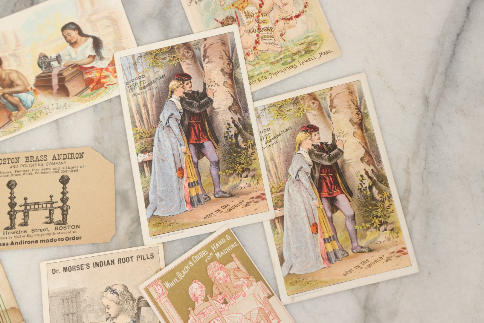 Lot 241 - Grouping Of 15 Antique Victorian Lithographed Trade Card Advertisements Including J. & P. Coates Thread, Milkmaid Brand Condensed Milk, Henkel's Baking Powder, Boston Brass Andirons, Fairbanks Soap, And Singer Manufacturing Co. Sewing Machines