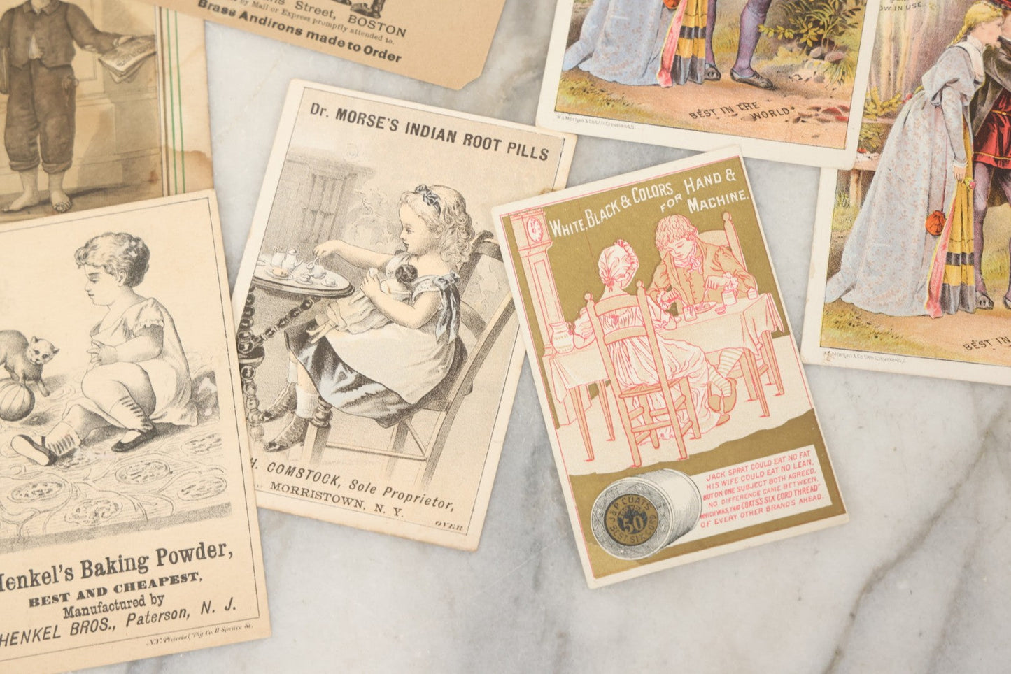 Lot 241 - Grouping Of 15 Antique Victorian Lithographed Trade Card Advertisements Including J. & P. Coates Thread, Milkmaid Brand Condensed Milk, Henkel's Baking Powder, Boston Brass Andirons, Fairbanks Soap, And Singer Manufacturing Co. Sewing Machines