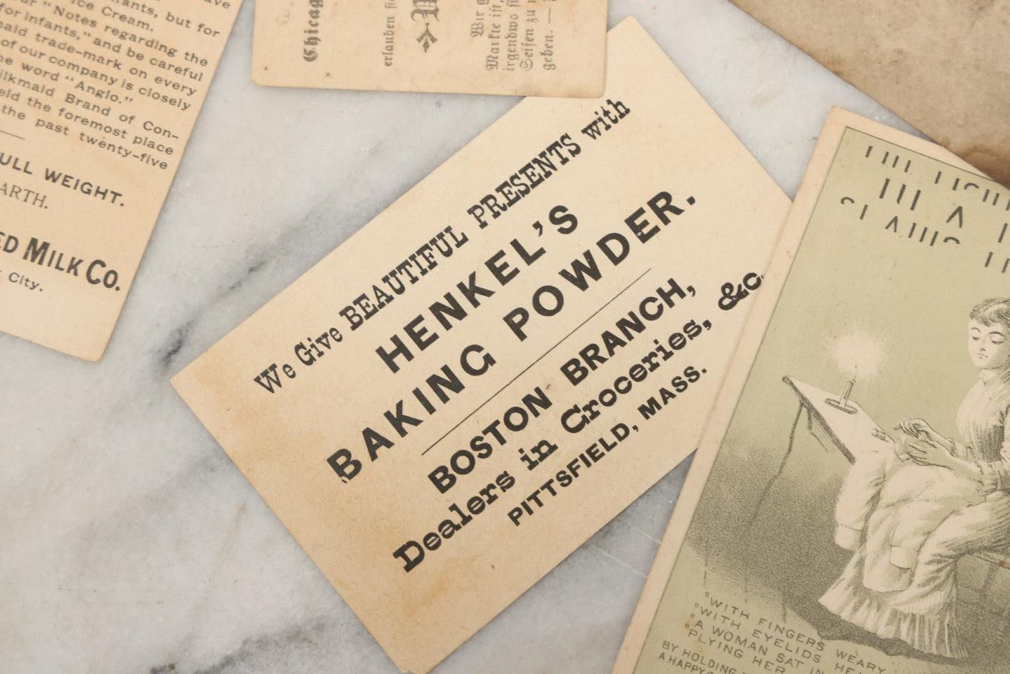 Lot 241 - Grouping Of 15 Antique Victorian Lithographed Trade Card Advertisements Including J. & P. Coates Thread, Milkmaid Brand Condensed Milk, Henkel's Baking Powder, Boston Brass Andirons, Fairbanks Soap, And Singer Manufacturing Co. Sewing Machines