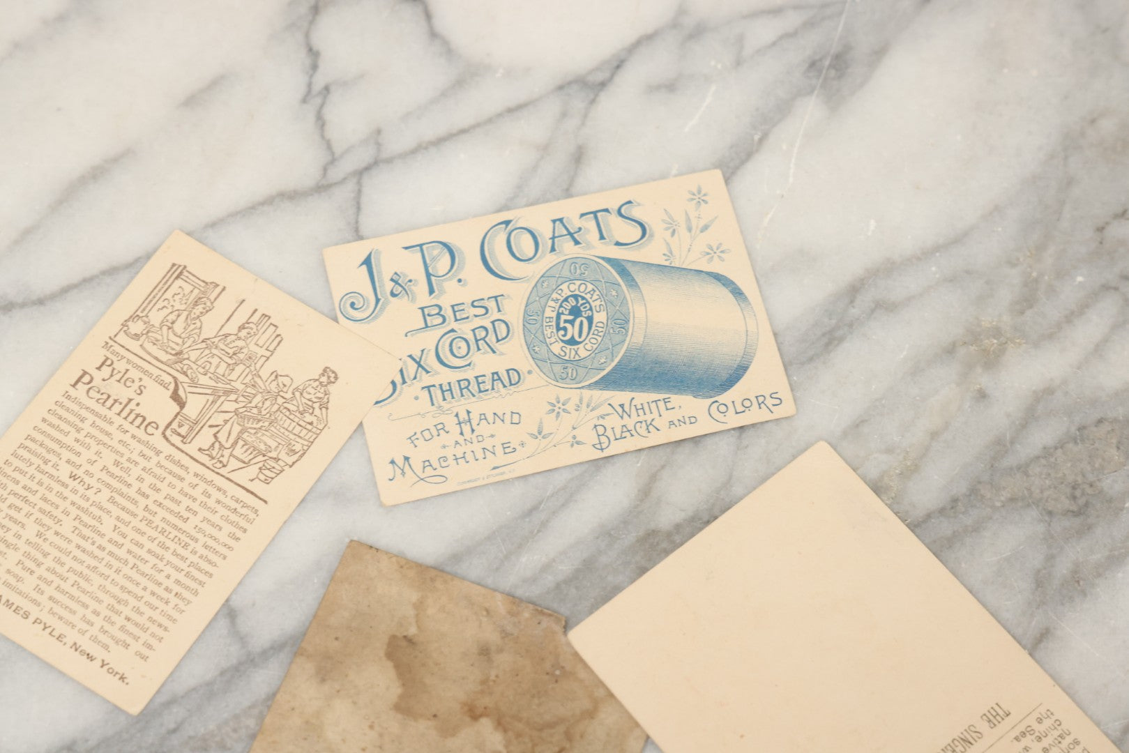 Lot 241 - Grouping Of 15 Antique Victorian Lithographed Trade Card Advertisements Including J. & P. Coates Thread, Milkmaid Brand Condensed Milk, Henkel's Baking Powder, Boston Brass Andirons, Fairbanks Soap, And Singer Manufacturing Co. Sewing Machines
