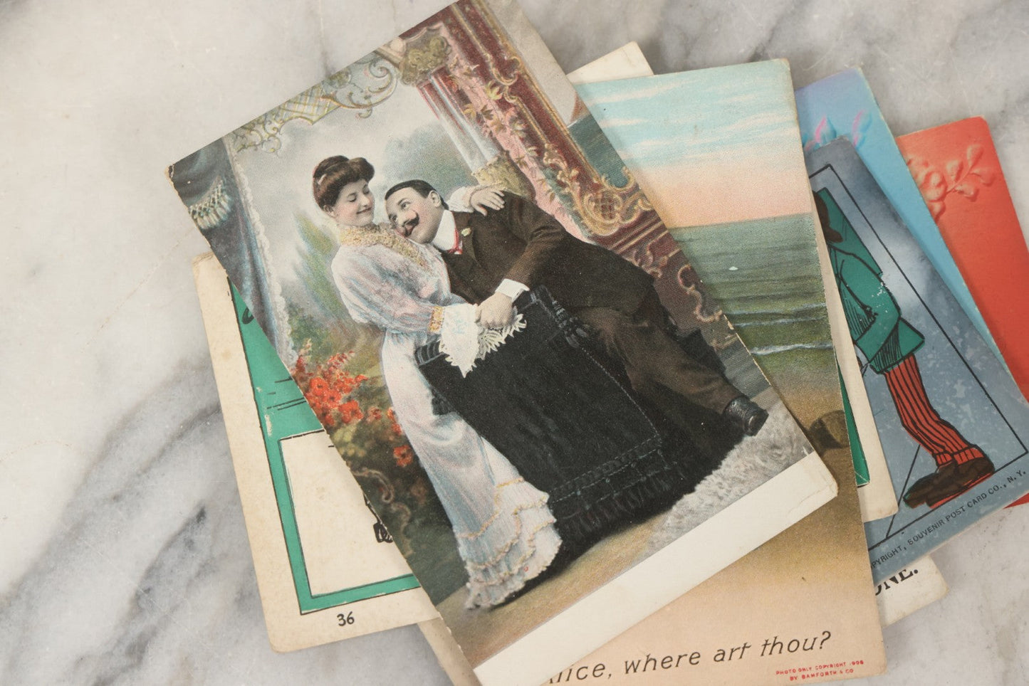 Lot 244 - Grouping Of 18 Antique And Vintage Comic And Romantic Postcards And More, Including Two Postcards With Embossed Lettering