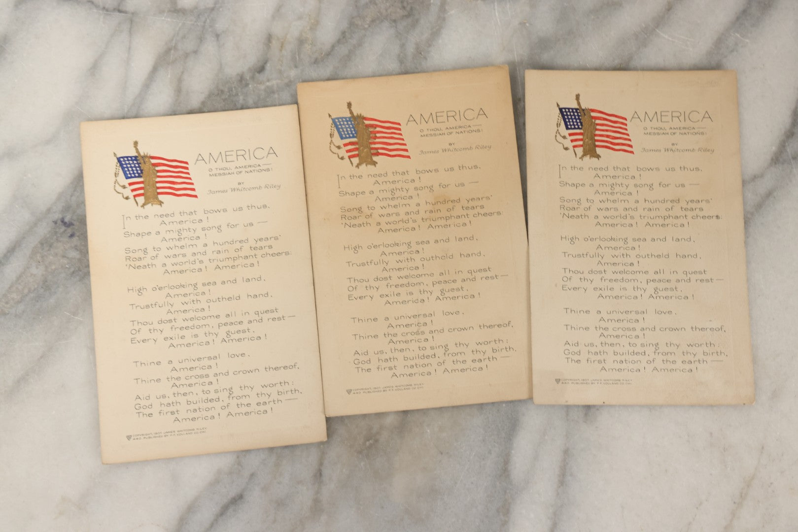 Lot 246 - Grouping Of Seven Antique And Vintage Patriotic Postcards, Including Three Copies Of "America" Poem By James Whitcomb Riley With Gilt Embossed Statue Of Liberty, Copyright 1907, Published By P.F. Volland & Co., Chicago, USA.