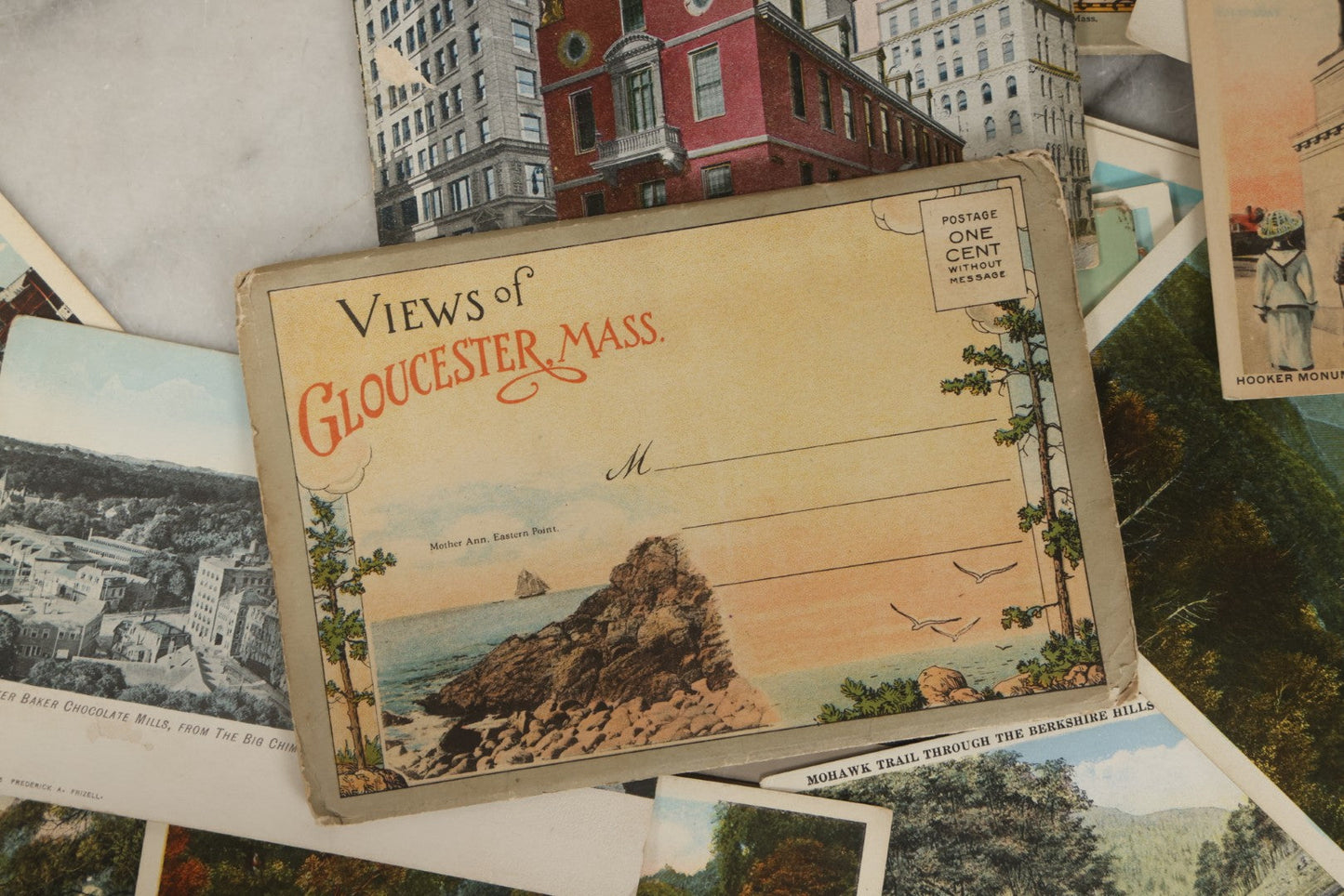 Lot 249 - Grouping Of Antique Souvenir Folders Of Mohawk Trail, Massachusetts, Springfield, Massachusetts, Gloucester, Massachusetts, And 34 Antique Postcards Of Massachusetts And Boston Buildings And Views