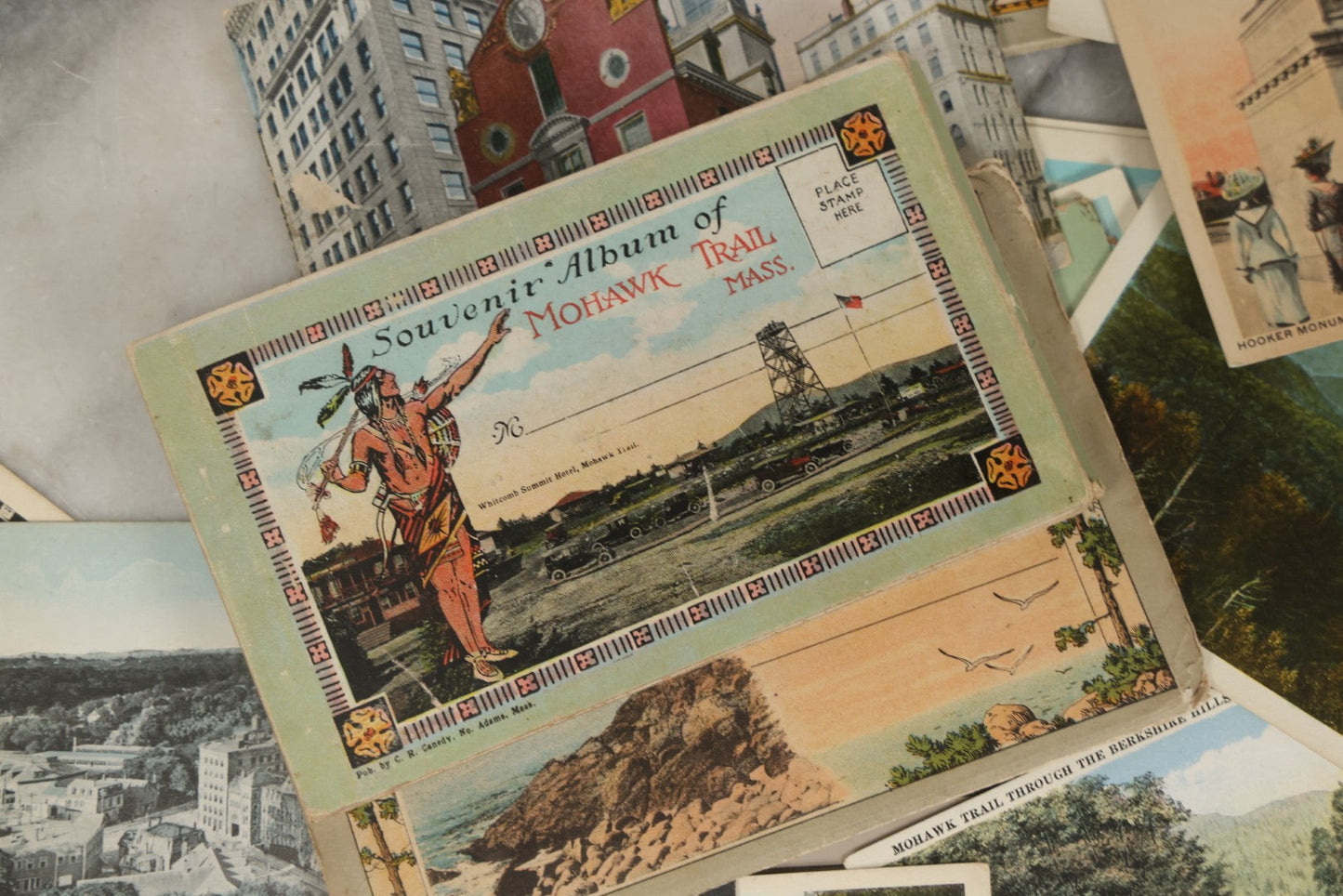 Lot 249 - Grouping Of Antique Souvenir Folders Of Mohawk Trail, Massachusetts, Springfield, Massachusetts, Gloucester, Massachusetts, And 34 Antique Postcards Of Massachusetts And Boston Buildings And Views