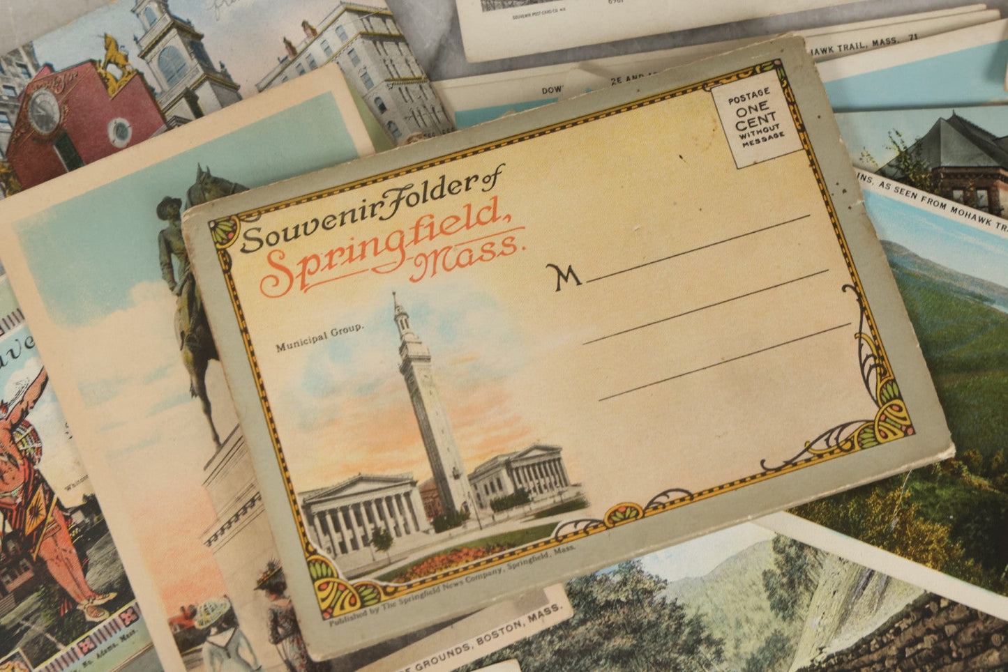 Lot 249 - Grouping Of Antique Souvenir Folders Of Mohawk Trail, Massachusetts, Springfield, Massachusetts, Gloucester, Massachusetts, And 34 Antique Postcards Of Massachusetts And Boston Buildings And Views