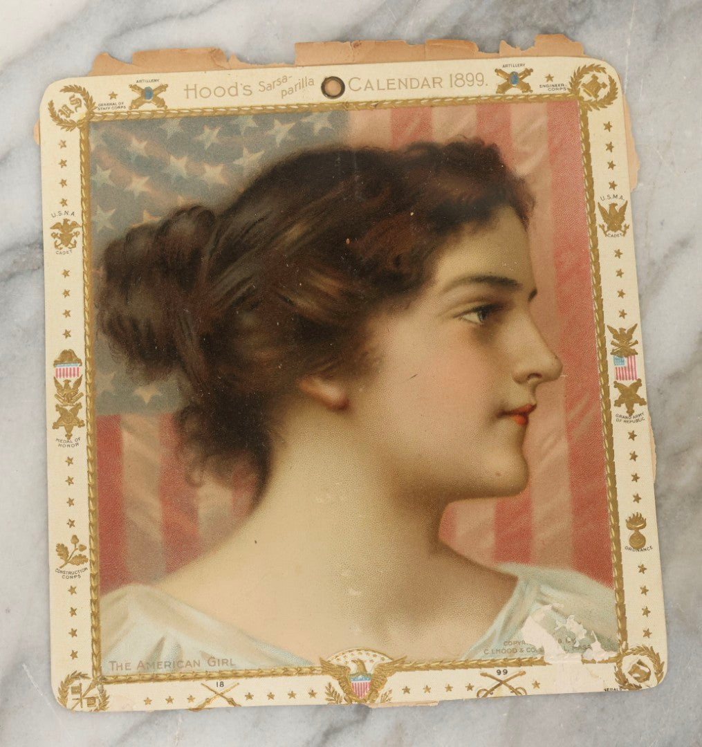 Lot 258 - Pair Of Antique Ephemera Pieces Including Hood's Sarsaparilla 1899 “The American Girl” Advertising Calendar And Partial 1839 “Brown's Improved Almanack, Pocket Memorandum, And Account Book,” Boston