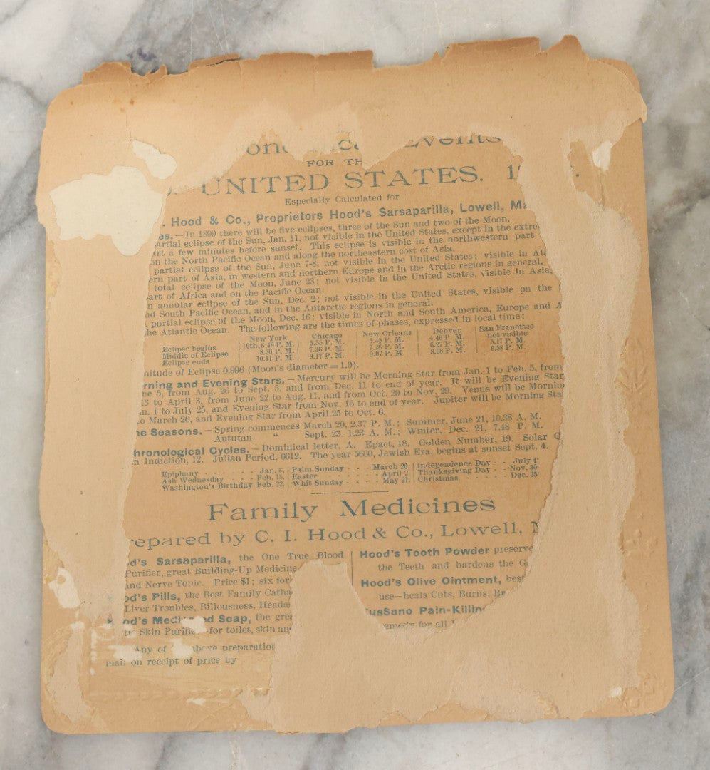 Lot 258 - Pair Of Antique Ephemera Pieces Including Hood's Sarsaparilla 1899 “The American Girl” Advertising Calendar And Partial 1839 “Brown's Improved Almanack, Pocket Memorandum, And Account Book,” Boston