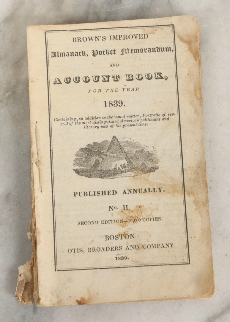 Lot 258 - Pair Of Antique Ephemera Pieces Including Hood's Sarsaparilla 1899 “The American Girl” Advertising Calendar And Partial 1839 “Brown's Improved Almanack, Pocket Memorandum, And Account Book,” Boston