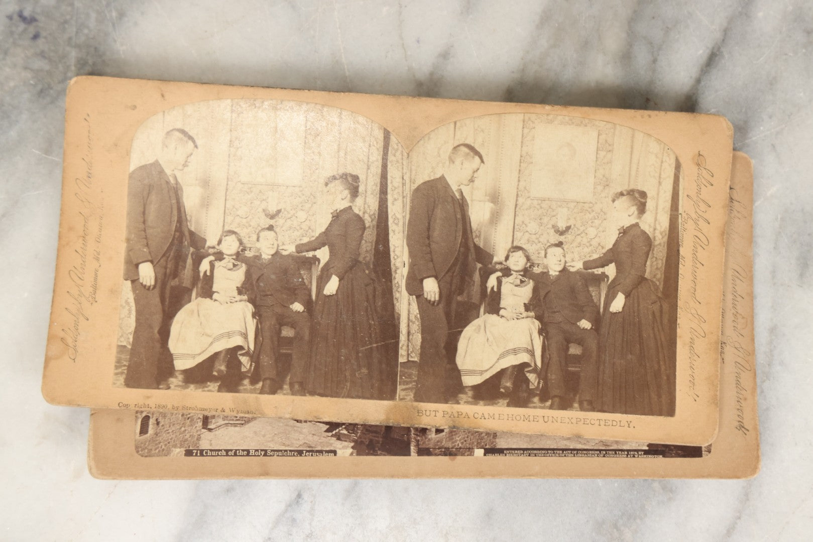 Lot 261 - Grouping Of 14 Antique Stereocards, Including "But Papa Came Home Unexpectedly" And "Took A Friend Home To Dine," World Architecture, And More