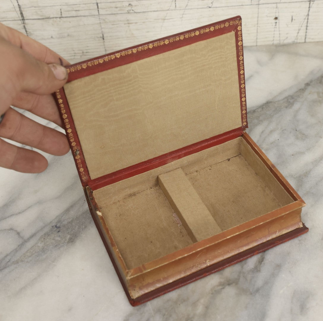 Lot 271 - Vintage Red Leather Gilt Lettered “Bridge” Book Safe Playing Cards Box With Divided Interior, Early To Mid-20th Century