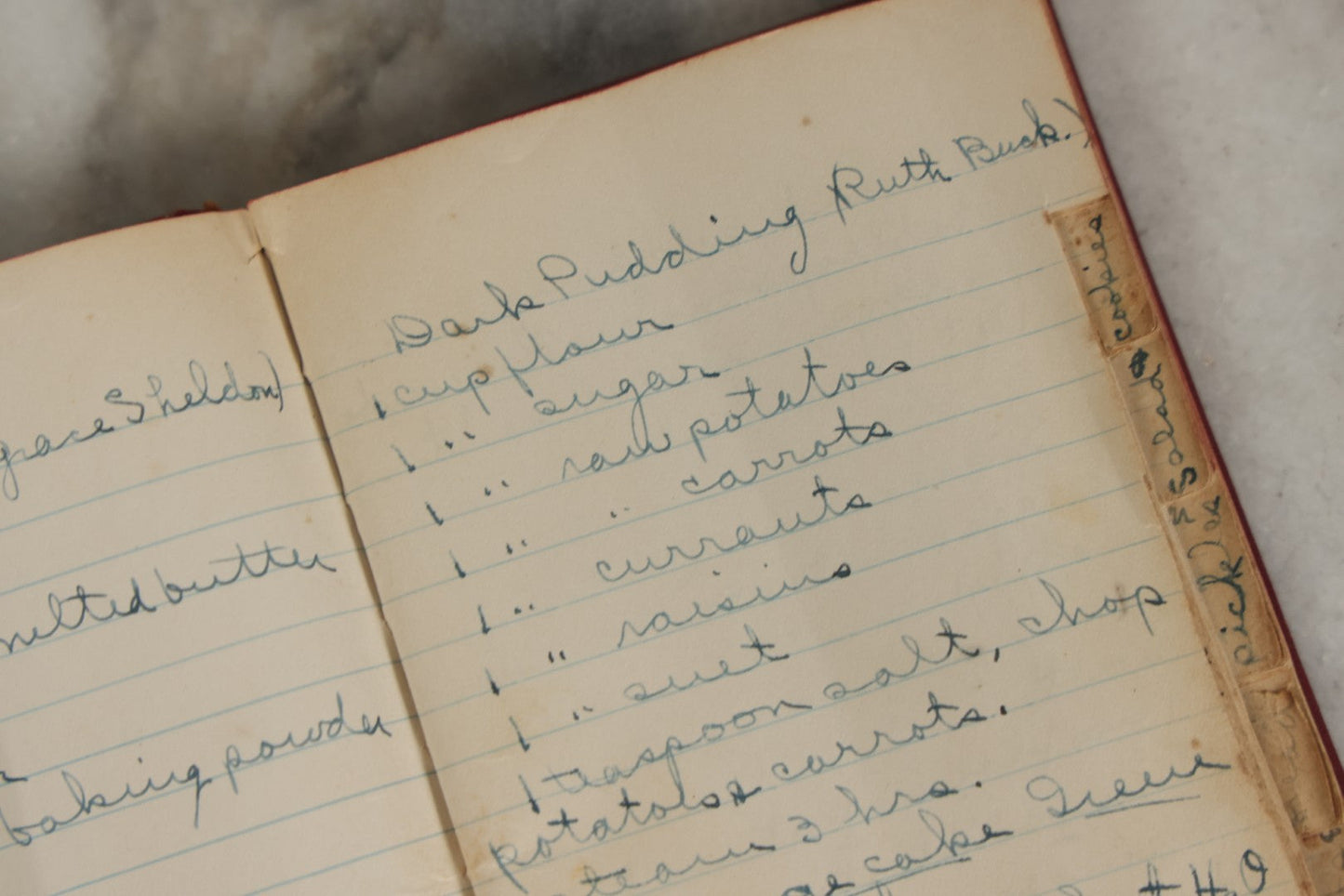 Lot 275 - Vintage Handwritten And Compiled Recipe Book With Red Plastic Binding And Hand-Cut Tabbed Pages, Containing 30+ Recipes