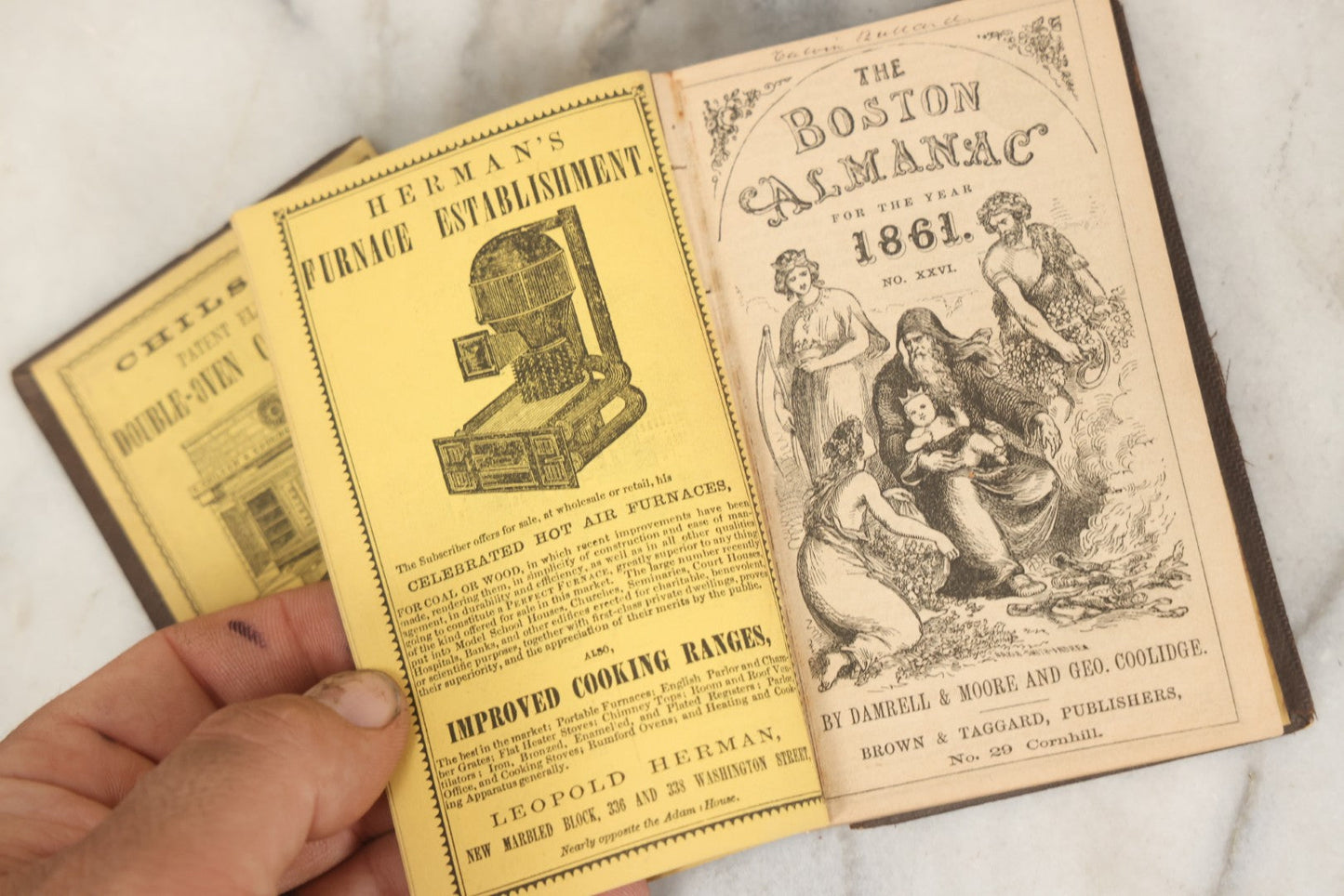 Lot 276 - "Boston Almanac 1861" Antique Illustrated Almanac Published In Boston, 1861, With Gilt Cover Design And Handwritten Monthly Memoranda, Note Poor Condition, Detached Covers