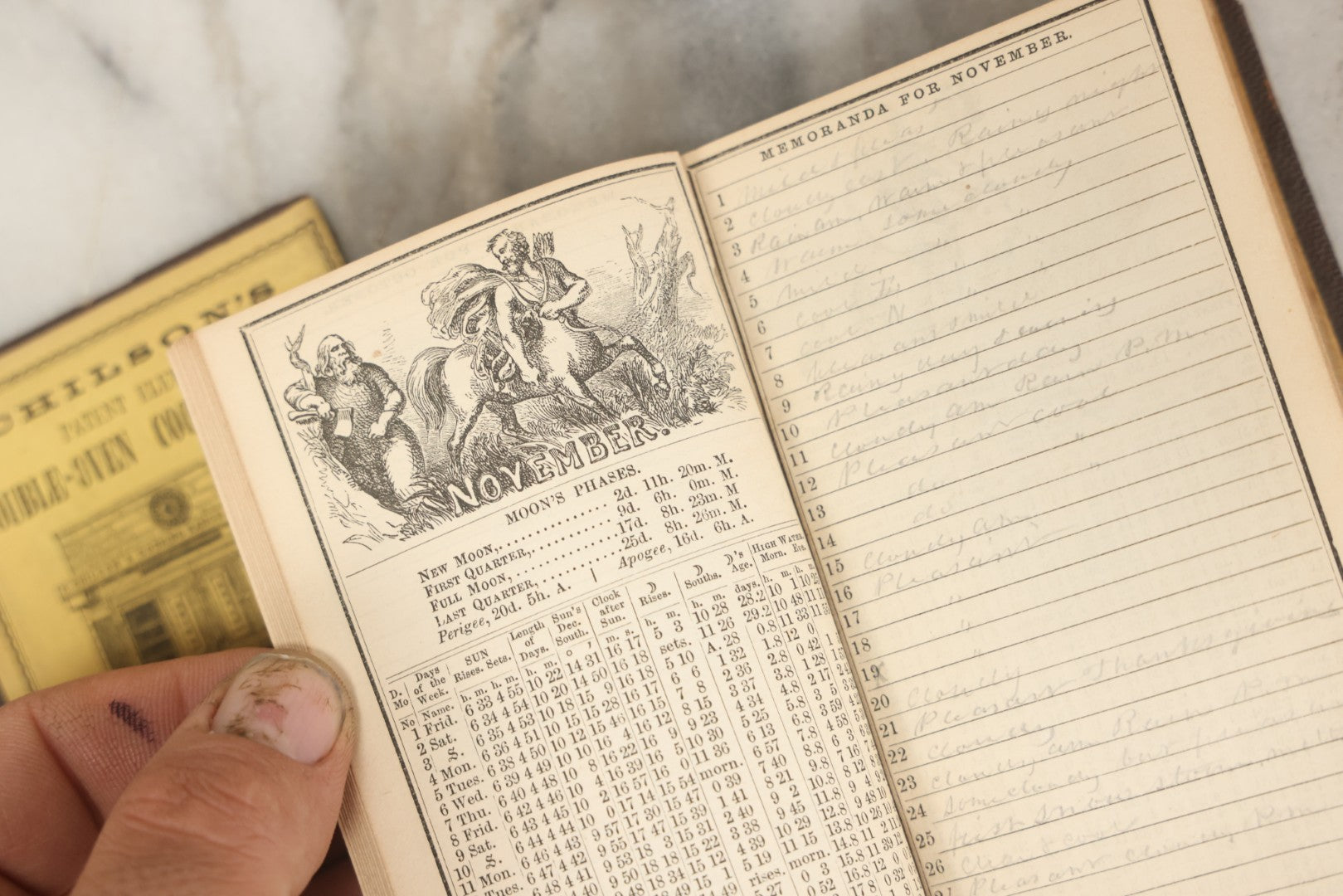 Lot 276 - "Boston Almanac 1861" Antique Illustrated Almanac Published In Boston, 1861, With Gilt Cover Design And Handwritten Monthly Memoranda, Note Poor Condition, Detached Covers