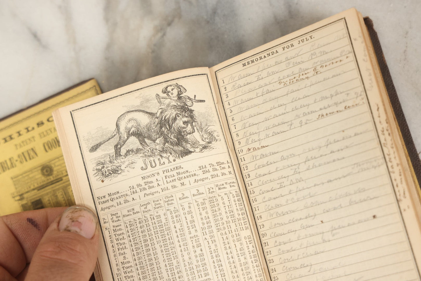 Lot 276 - "Boston Almanac 1861" Antique Illustrated Almanac Published In Boston, 1861, With Gilt Cover Design And Handwritten Monthly Memoranda, Note Poor Condition, Detached Covers