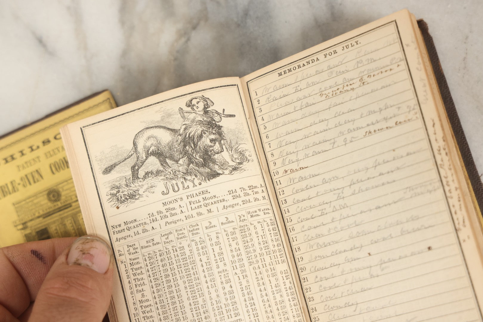 Lot 276 - "Boston Almanac 1861" Antique Illustrated Almanac Published In Boston, 1861, With Gilt Cover Design And Handwritten Monthly Memoranda, Note Poor Condition, Detached Covers