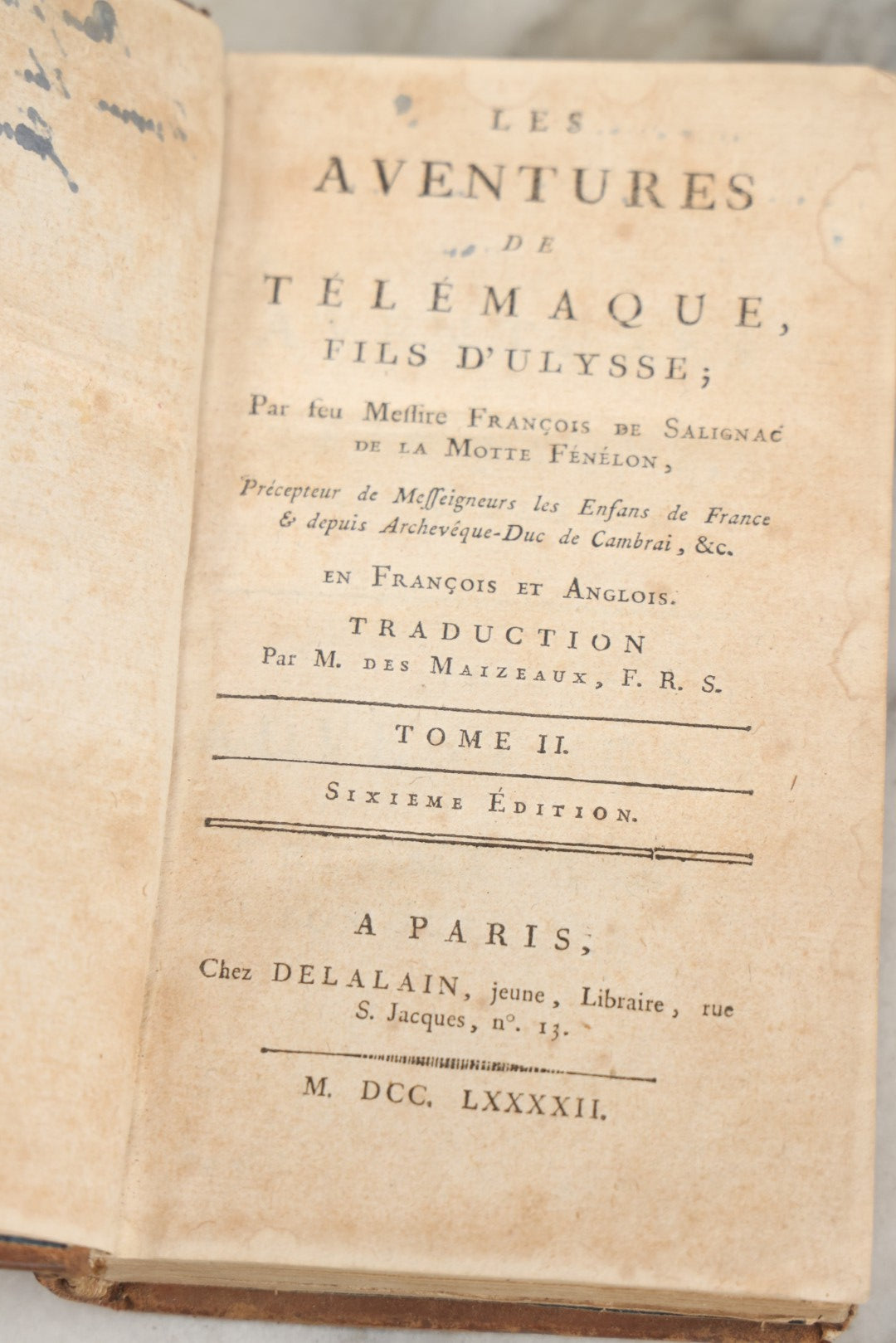 Lot 279 - "Les Aventures De Télémaque, Fils D'Ulysse" / "The Adventures Of Telemachus, Son Of Ulysses" Antique Bilingual French And English Book By François De Salignac De La Motte Fénelon, Volume II, Published By Delalain, Jeune, Libraire, Paris, 1792