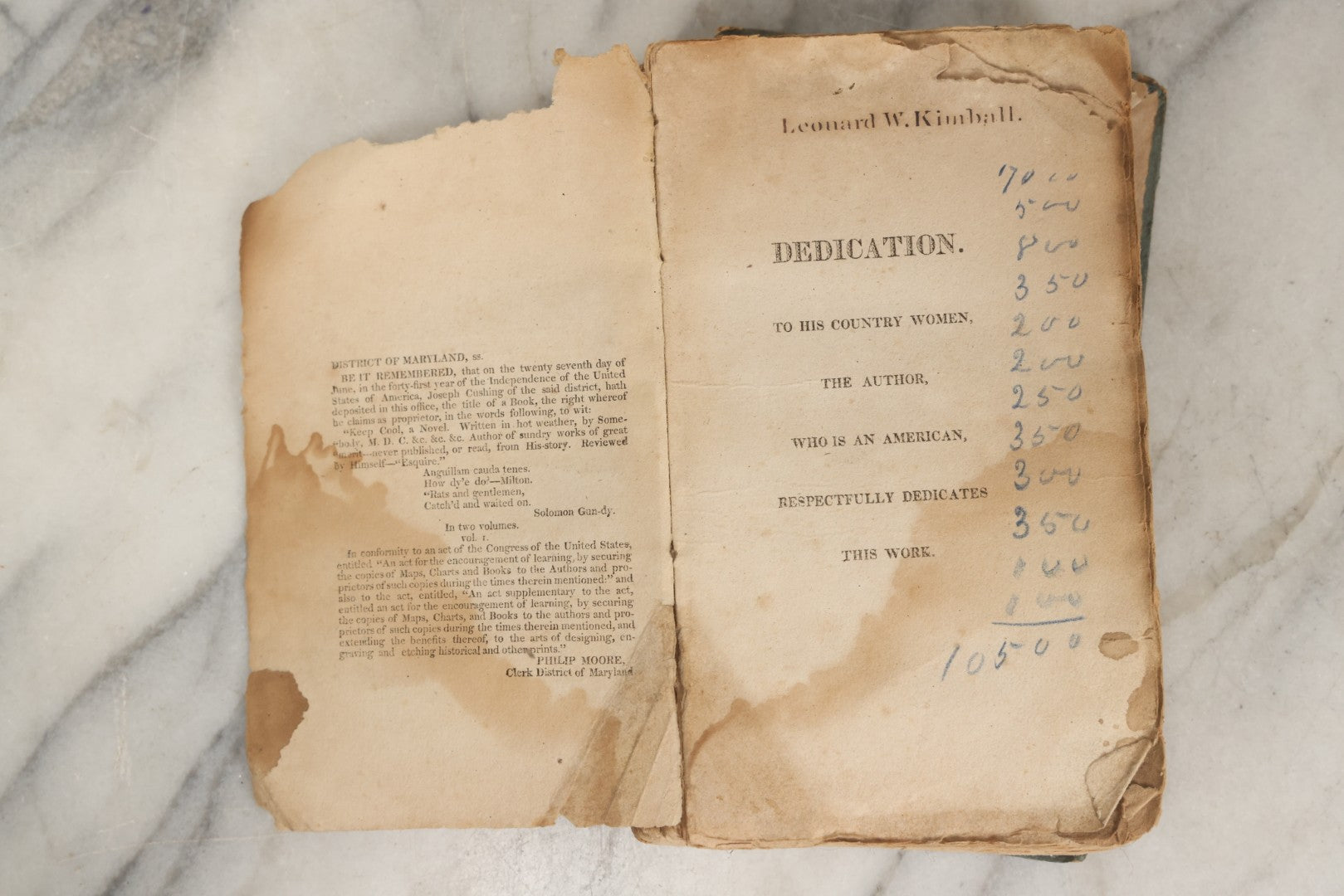 Lot 283 - "Keep Cool: A Novel Written In Hot Weather" Antique Satirical Novel By Tobias Watkins (Published Under The Pseudonym Somebody, M.D.C.), Volume I Only, Published By Joseph Cushing, Baltimore, 1817, Note Poor Condition, Missing Covers