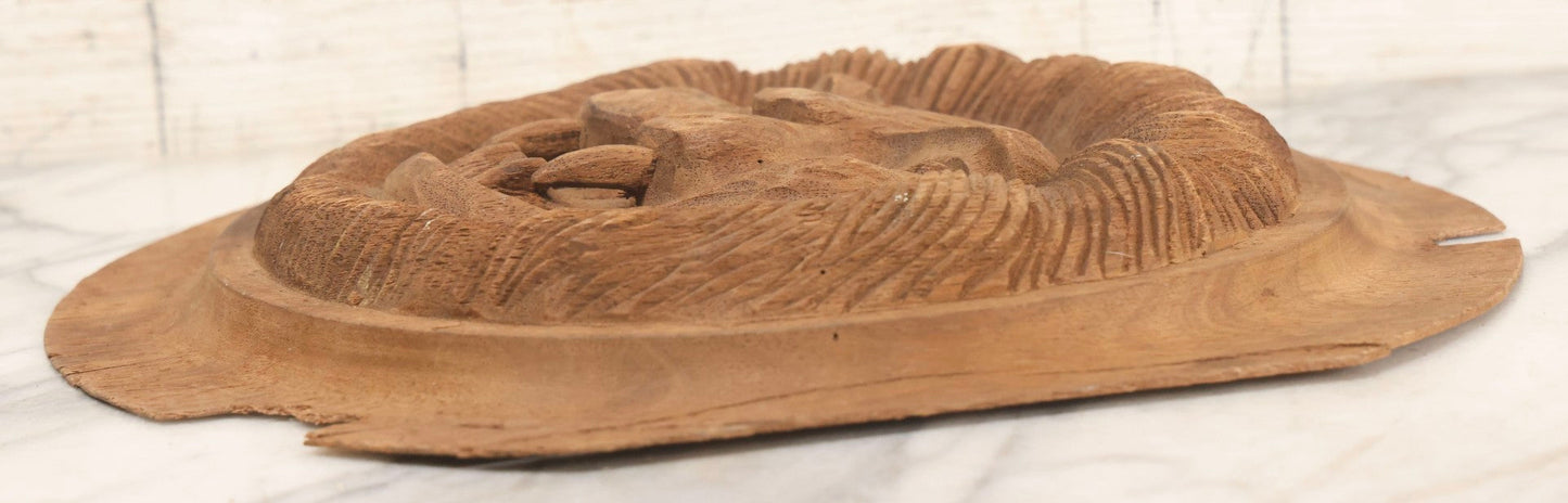 Lot 009 - Antique Carved Wooden Lion Relief Plaque Furntiure Remnant With Circular Border And Prominent Fangs