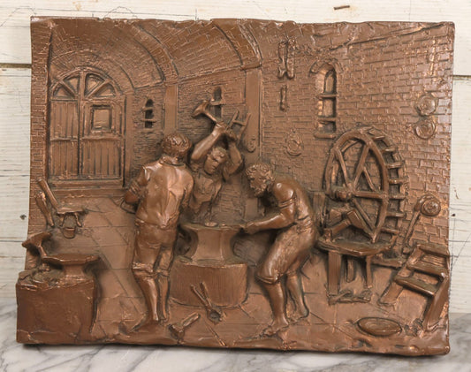 Lot 038 - Vintage Copper Bas-Relief Of Blacksmith Shop Scene With Three Men Working, After Pier Costanzo, 14" x 11"