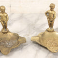 Lot 050 - Pair Of Vintage Cast Bronze "Souvenir De Bruxelles" Boy Ashtrays With Winged Herald And Dragon Motif, 3-5/8" H Each