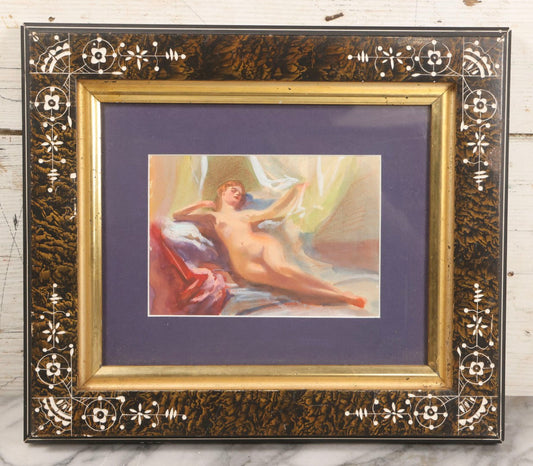 Lot 054 - Vintage Unsigned Watercolor Nude Of Woman On Colorful Linens Before Draped Backdrop, In Victorian Frame With Purple Mat, 14-1/8" x 12-1/8"