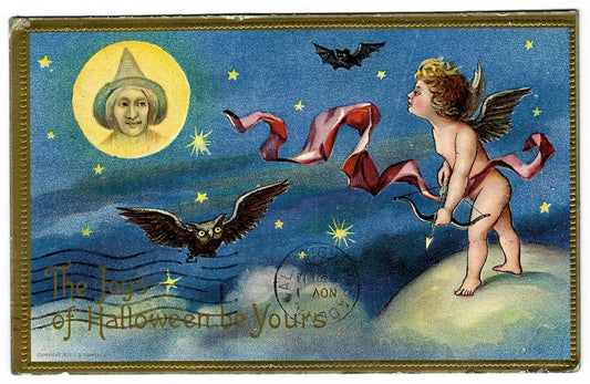 Lot 069 - Antique Embossed Gold-Accented Halloween Postcard “The Joys Of Halloween Be Yours” With Cupid, Owl, And Witch Face In Moon, Copyright 1910 By L.R. Conwell, New York, Series 630, Postmarked Colorado Springs, Colorado