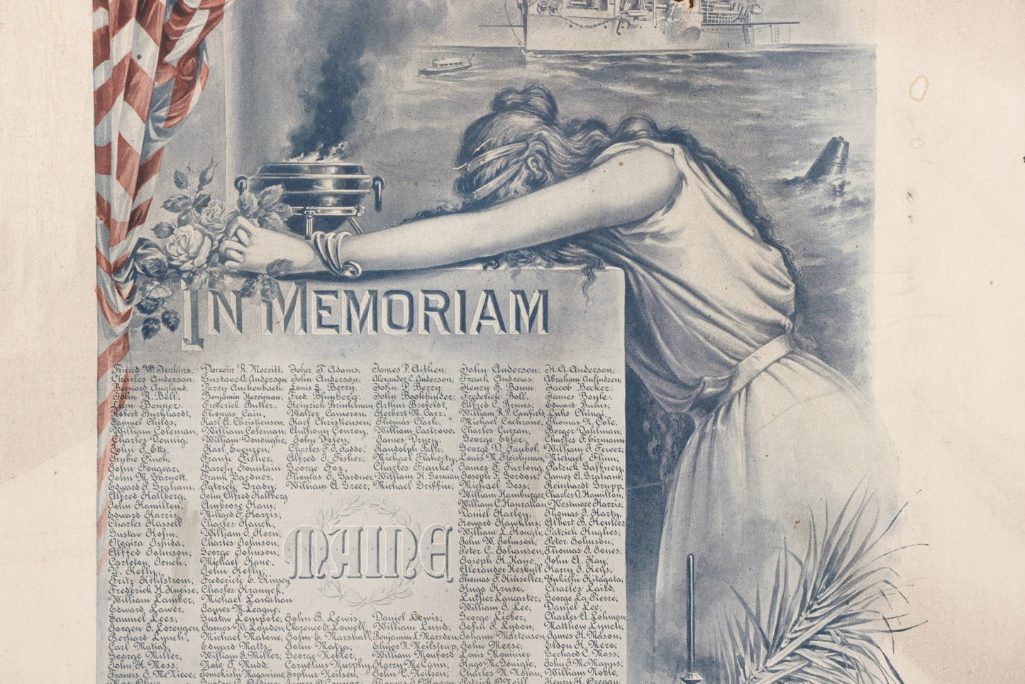 Lot 078 - Antique Commemorative Mourning Print "In Memoriam" Of The Sinking Of The Maine, February 15, 1898, With Original Frame, List Of Deceased, Note No Glass, Poor Condition, 17-7/8" x 21-7/8"