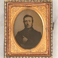 Lot 100 - Antique 1/9th Plate Ambrotype Photograph Of Young Man With Mustache And Checkered Scarf, With Hand Tucked In Shirt Buttons, In Half Leatherette Case With Urn Motif