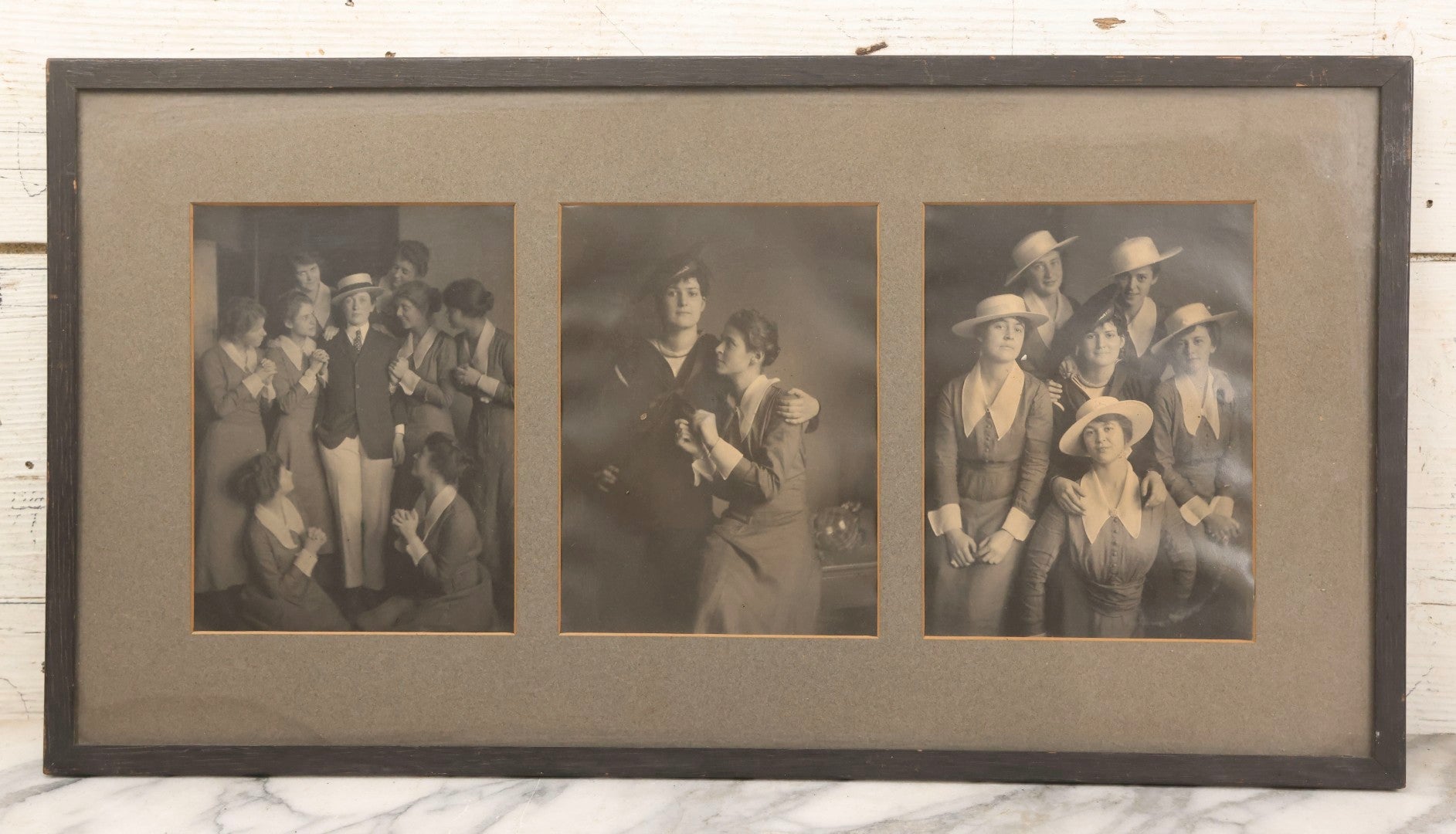 Lot 102 - Vintage Triptych Photographs Of Cross-Dressing Performer In Suit And Sailor Attire With Female Companions, Circa 1920s Framed With Custom Triple Mat, 22-7/8" x 12-1/8"