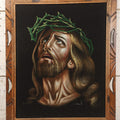 Lot 120 - Vintage Mexican Black Velvet Painting Of Jesus Wearing Crown Of Thorns, In Folk Art Wood Frame, 19" x 23"