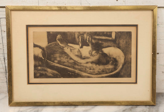 Lot 124 - Vintage Framed Engraved Print Of A Man Bathing, Julio's Art Shop, New York City, 13-3/8" x 9"