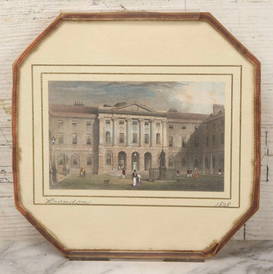 Lot 125 - Vintage Hand Colored Engraving Of London 1828 Guy's Hospital And Statue Of Sir Thomas Guy, Framed, 8-1/4" x 8-1/4"