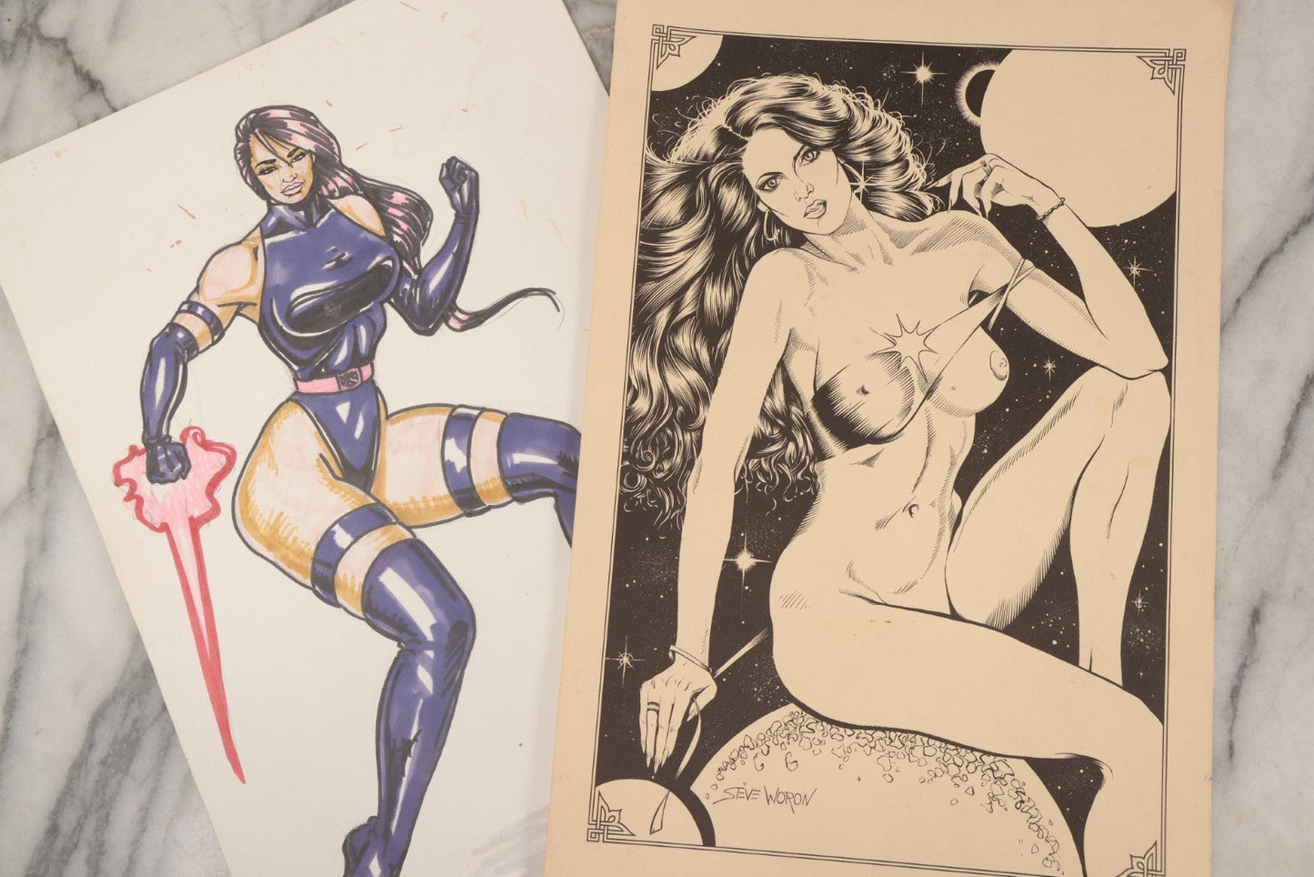 Lot 138 - Pair Of Vintage Erotic Pin Up Illustrations Including "Unseen Starlight" By Steve Woron And Original Superhero Pinup Drawing Signed D.A.R.