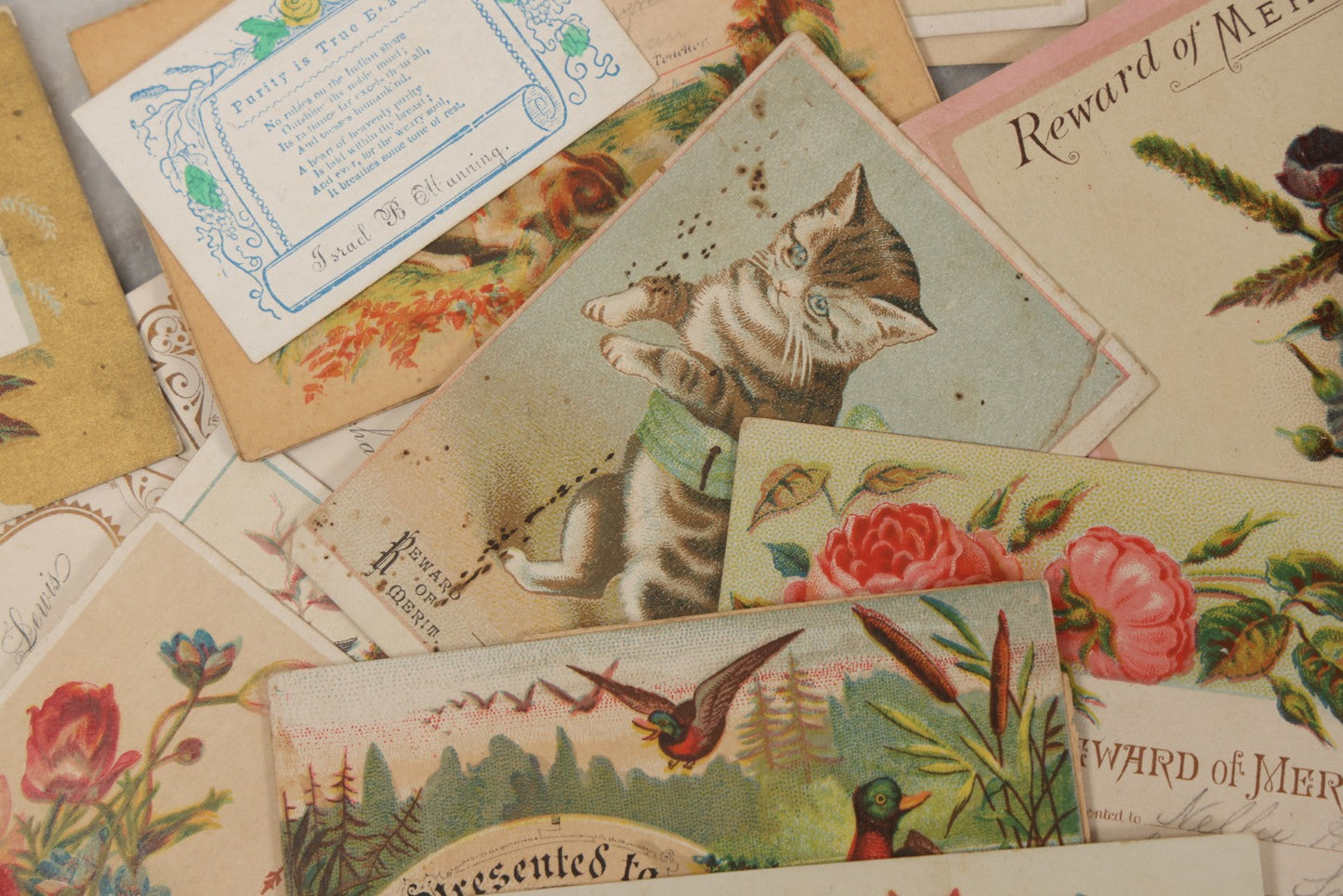 Lot 142 - Grouping Of 45+ Antique Rewards Of Merit With Chromolithograph Designs And Handwritten Inscriptions
