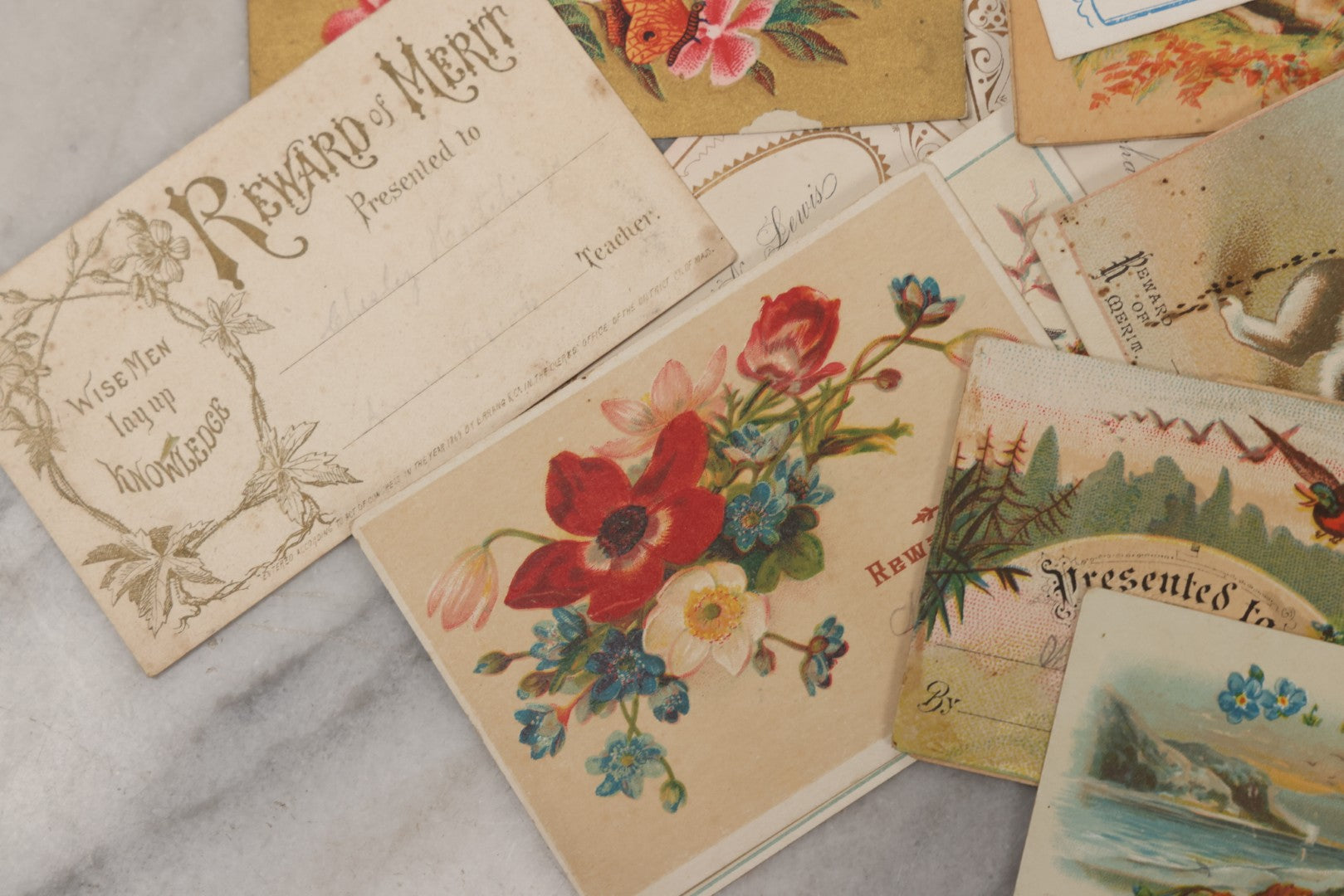 Lot 142 - Grouping Of 45+ Antique Rewards Of Merit With Chromolithograph Designs And Handwritten Inscriptions