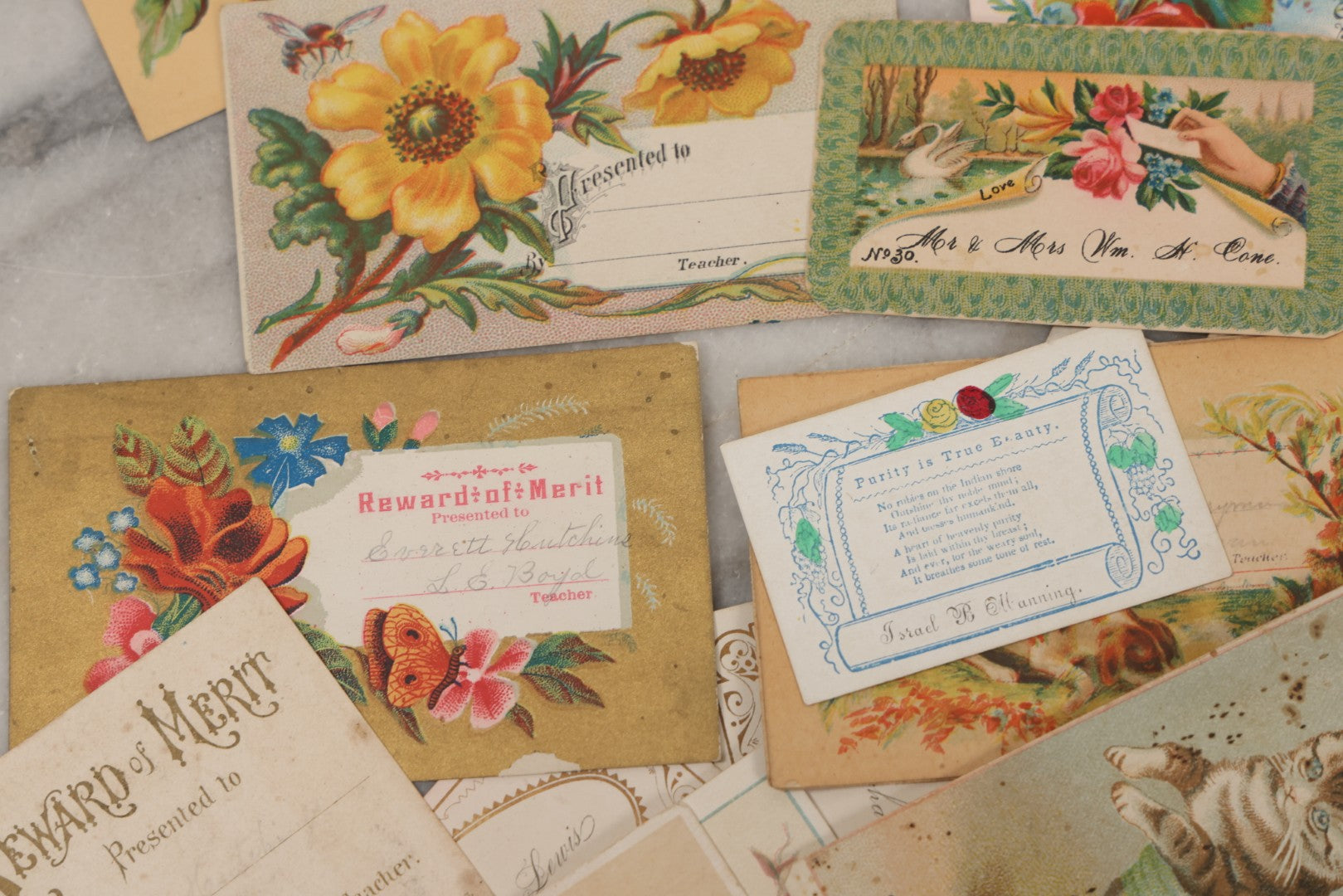 Lot 142 - Grouping Of 45+ Antique Rewards Of Merit With Chromolithograph Designs And Handwritten Inscriptions