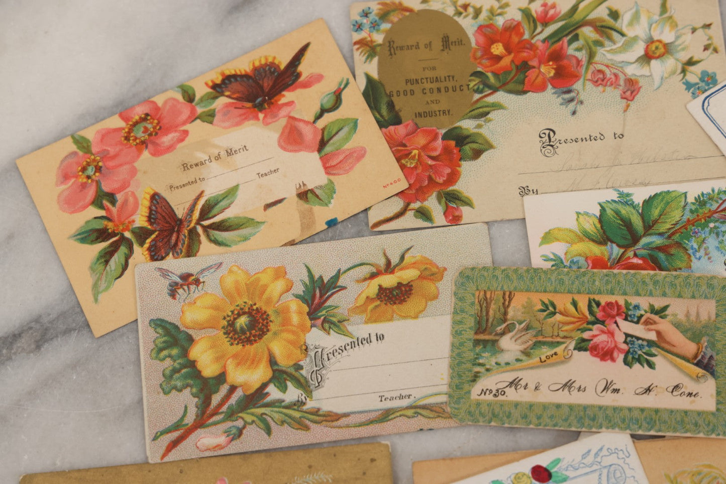 Lot 142 - Grouping Of 45+ Antique Rewards Of Merit With Chromolithograph Designs And Handwritten Inscriptions
