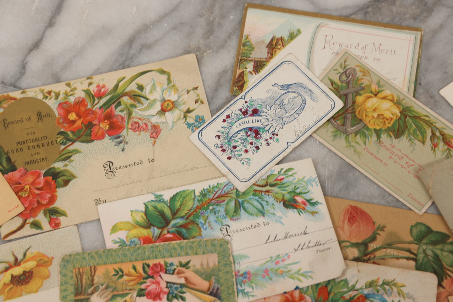 Lot 142 - Grouping Of 45+ Antique Rewards Of Merit With Chromolithograph Designs And Handwritten Inscriptions