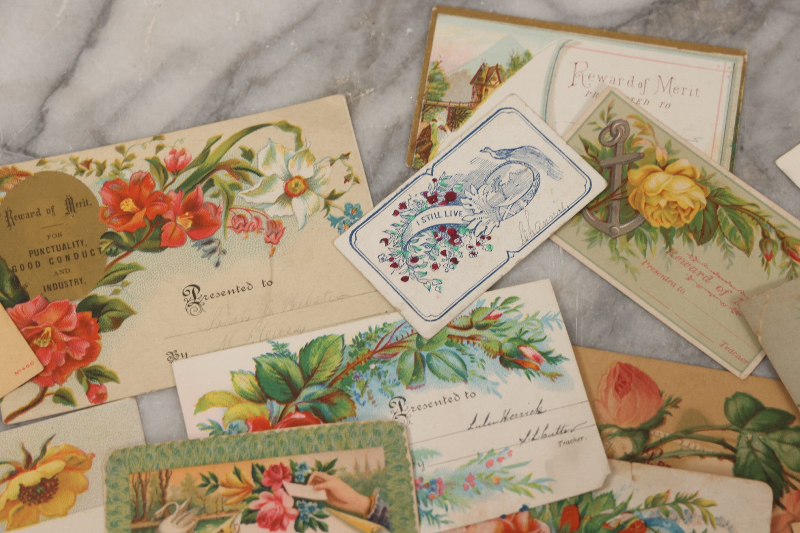 Lot 142 - Grouping Of 45+ Antique Rewards Of Merit With Chromolithograph Designs And Handwritten Inscriptions