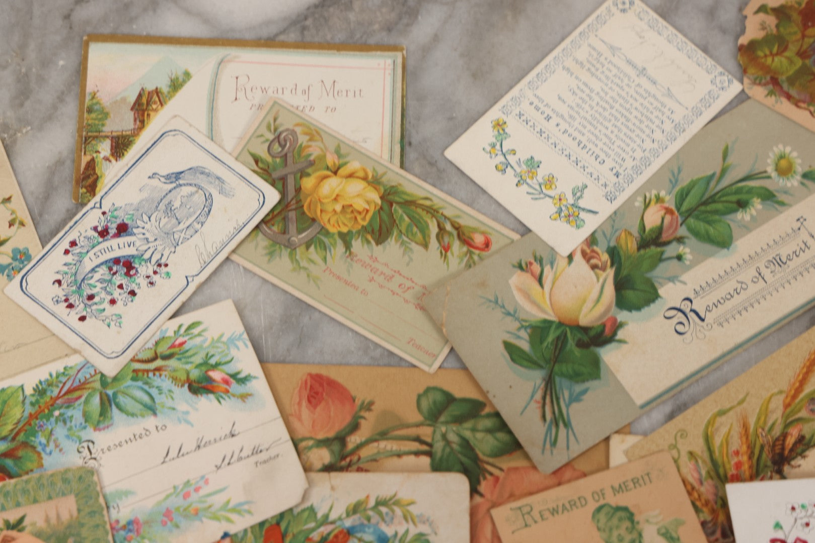 Lot 142 - Grouping Of 45+ Antique Rewards Of Merit With Chromolithograph Designs And Handwritten Inscriptions