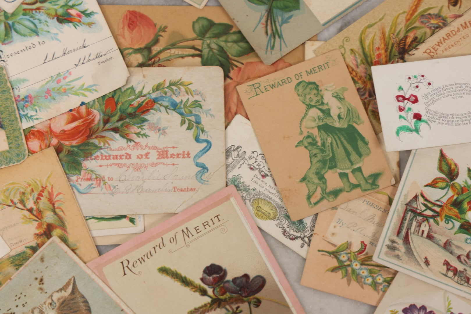 Lot 142 - Grouping Of 45+ Antique Rewards Of Merit With Chromolithograph Designs And Handwritten Inscriptions