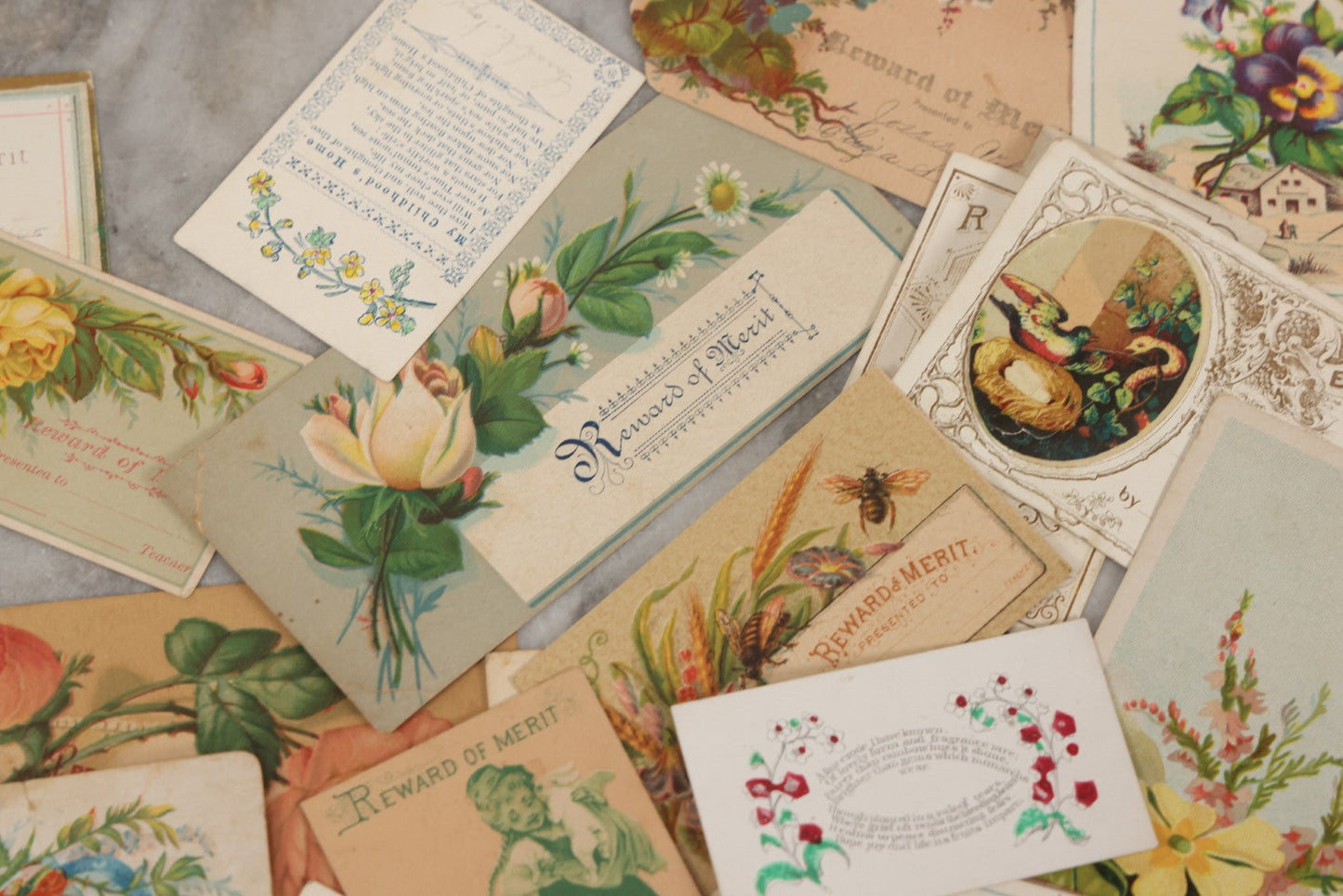 Lot 142 - Grouping Of 45+ Antique Rewards Of Merit With Chromolithograph Designs And Handwritten Inscriptions