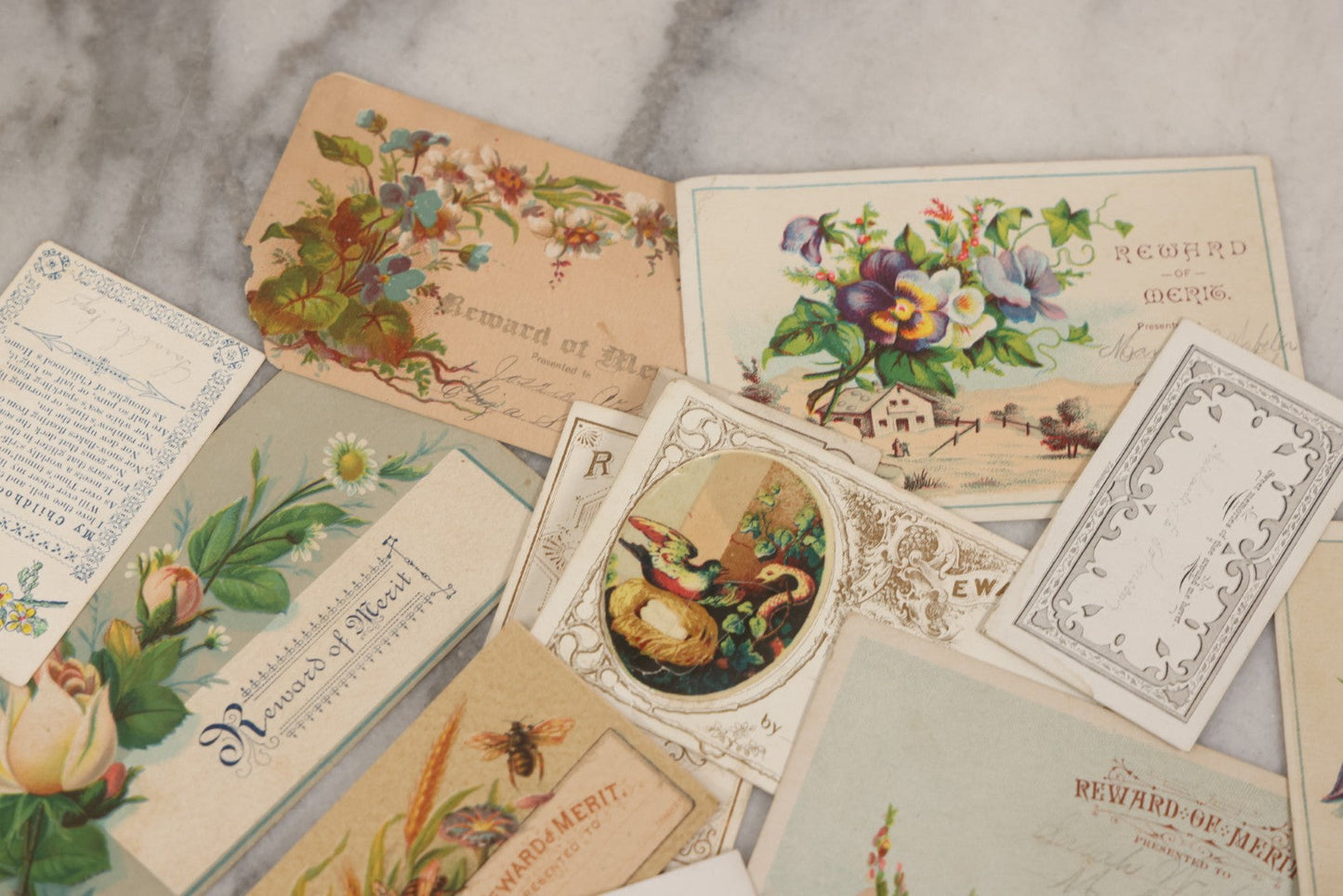 Lot 142 - Grouping Of 45+ Antique Rewards Of Merit With Chromolithograph Designs And Handwritten Inscriptions
