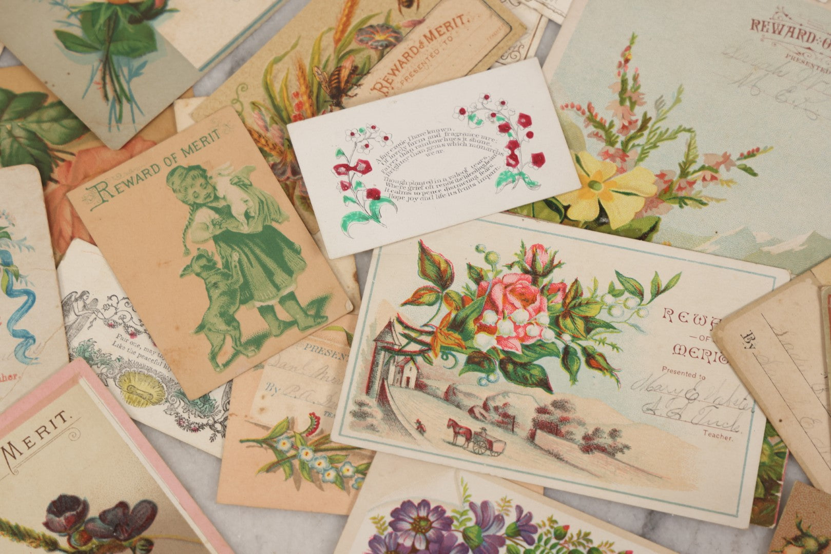 Lot 142 - Grouping Of 45+ Antique Rewards Of Merit With Chromolithograph Designs And Handwritten Inscriptions