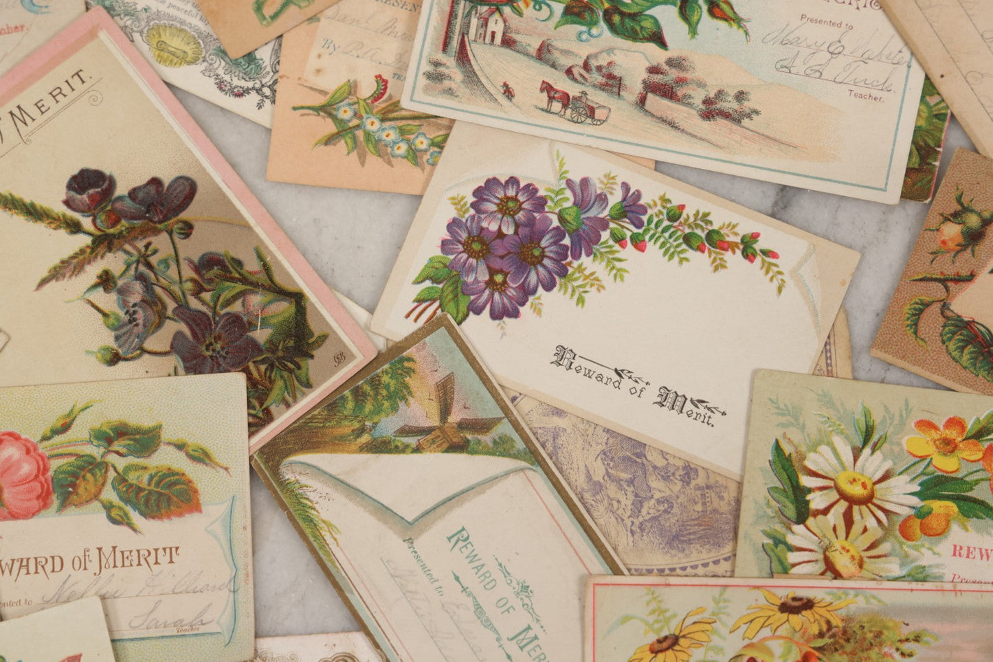 Lot 142 - Grouping Of 45+ Antique Rewards Of Merit With Chromolithograph Designs And Handwritten Inscriptions