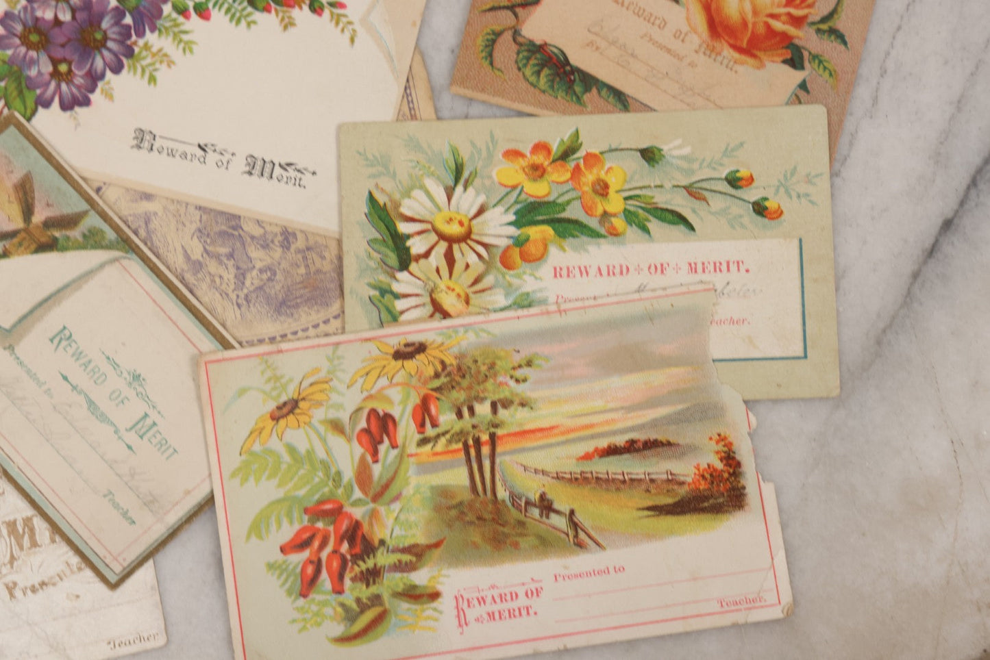 Lot 142 - Grouping Of 45+ Antique Rewards Of Merit With Chromolithograph Designs And Handwritten Inscriptions